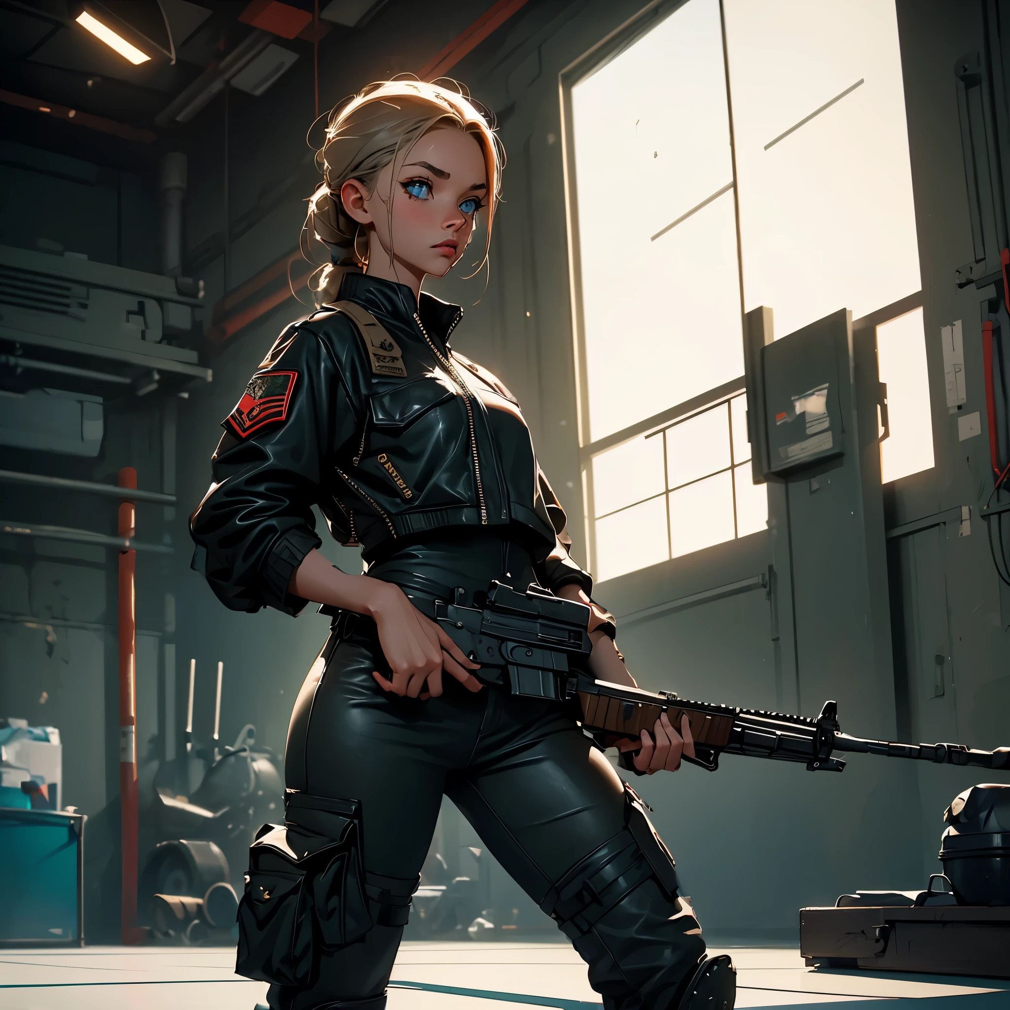 (ultra-detailed, realistic), A girl wearing cargo pants, holding an AK-47 rifle, standing confidently in a post-apocalyptic city, surrounded by a thick cloud of dust and smoke. The girl has piercing blue eyes and long flowing hair that dances in the wind. Her lips are carefully painted with bold red lipstick. She wears a black leather jacket with patches and military boots, giving her a tough and rebellious look. The AK-47 rifle she holds is covered in scratches and wear, indicating it has seen many battles. The cityscape behind her is in ruins, with buildings half-collapsed and filled with graffiti. The color tone is desaturated, with a hint of warm sepia to create a gritty atmosphere. The lighting is harsh, casting long shadows and highlighting the texture of the girl's clothes and the rifle.