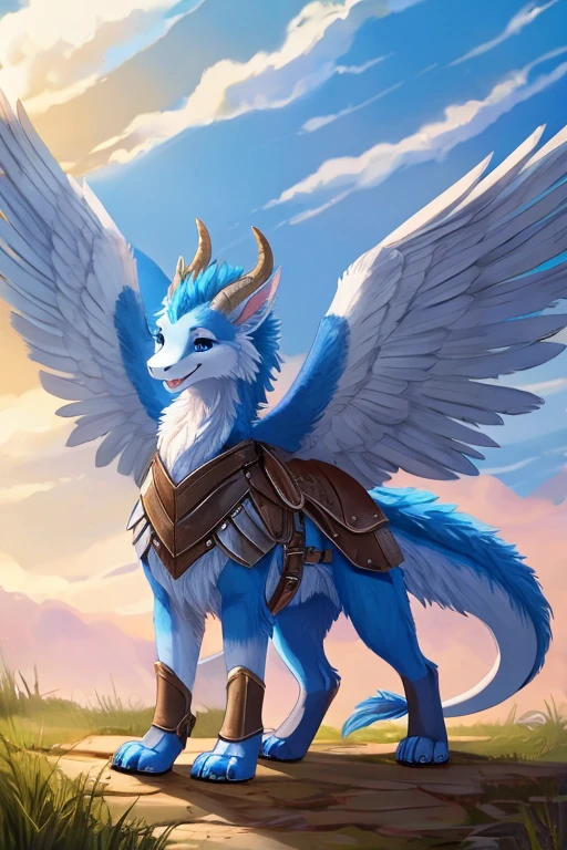 furry art, feral, furred dragon, female, white and blue fur, feathered wings, big ears, horns, tail, chest fluff, paws, fangs, happy, quadruped, wearing armor, wearing leather armor, wearing cowboy hat, standing, cute