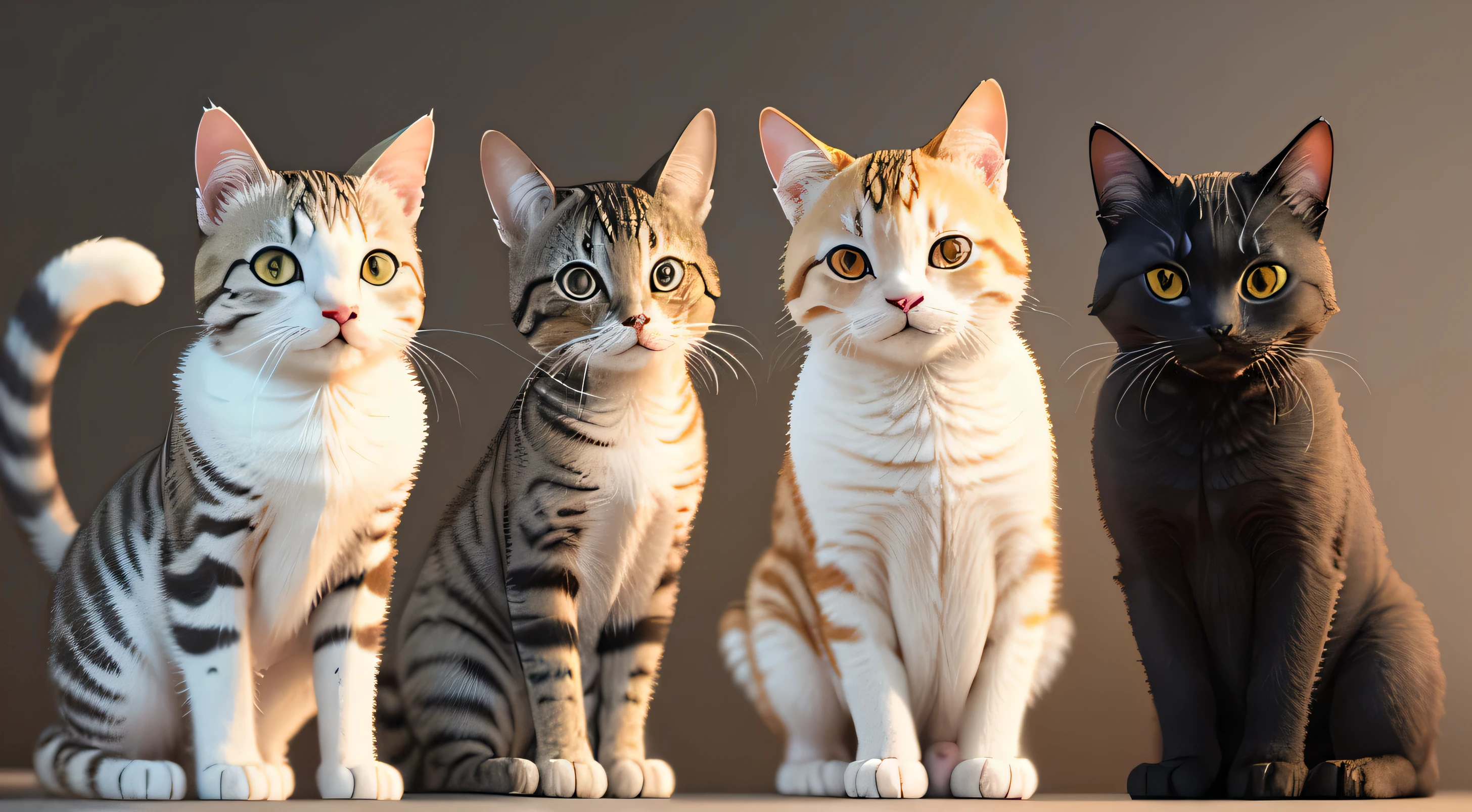 A group of realistic cute cats looking at the camera, full body standing,