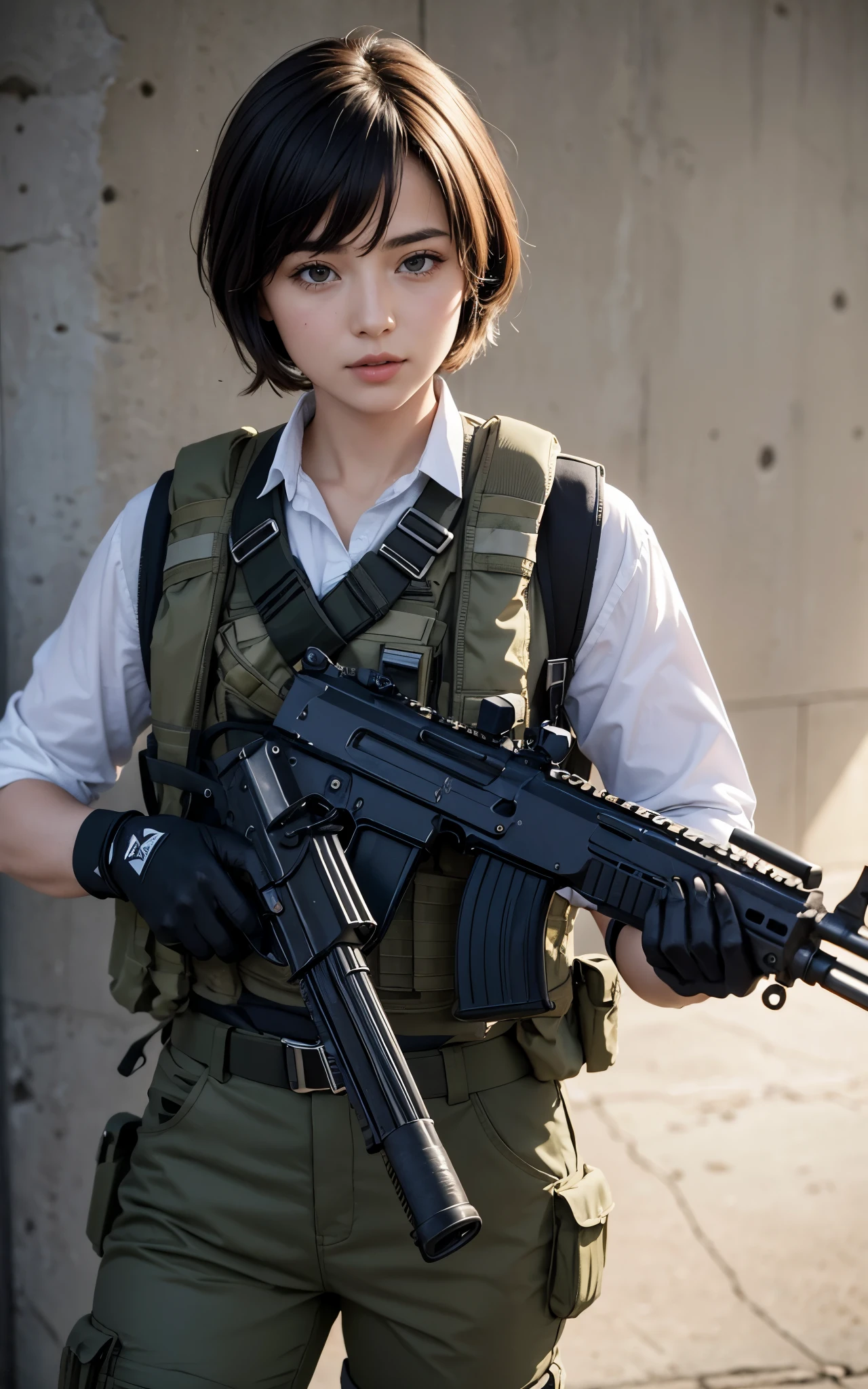 ((Best Quality, 8K, Masterpiece: 1.3)), ((best quality)), photorealistic, photorealism, 1girl aiming with an ak-47 assault rifle, Combat pose, Photorealistic, high resolution, looking to the camera, (Detailed face), short hair, nylon short pants, tactical vests, military harness, Gun,black gloves, high-tech headset, Fingers are occluded, concrete wall background,