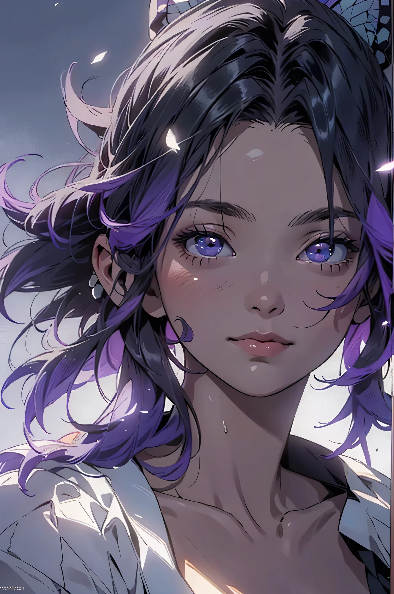melancholy lighting, quiet, calm, brightness, masterpiece, best quality, 1girl, (JinxLol:1.2), (ultra photorealistic:1.3), (masterpiece:1.4), best quality, ((realistic)), high quality, ultra detailed, ((real image)), ((realistic skin)), ((realistic face)),(illustration:1.05), (beautiful:1.05), (beautiful detailed eyes:1.05), (cinematic light:1.1), red torino deataques, full body shinobu kocho cosplay, Ultra high res.photorealistic:.1.4, UHD, purple hair of shinobu kocho,