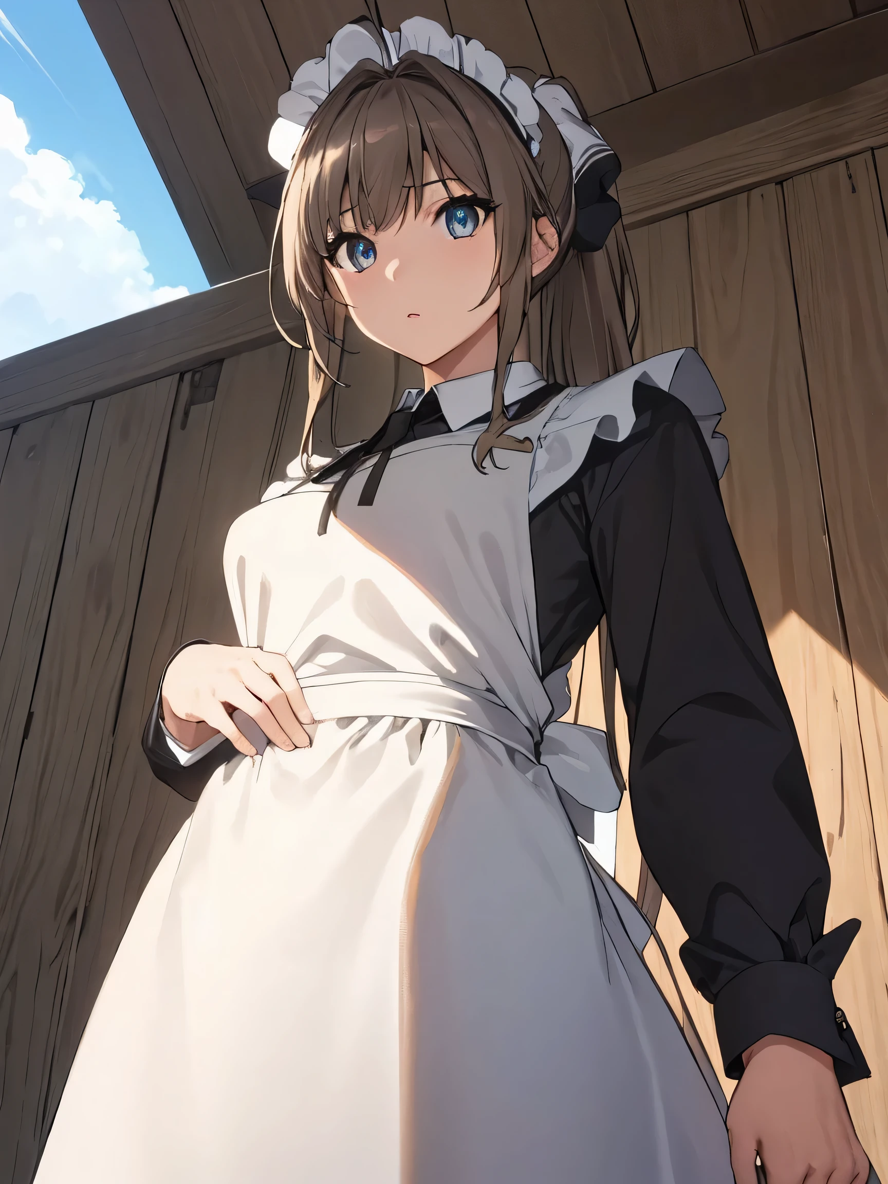 SentoIsuzu,brown hair, brown eyes, long hair, antenna hair, ponytail, hair bow,large breast, BREAK (maid headdress, maid, long sleeves, collared shirt, black shirt, maid apron:1.2), BREAK looking at viewer,(from below:1.2), BREAK outdoors, beach, BREAK (masterpiece:1.2), best quality, high resolution, unity 8k wallpaper, (illustration:0.8), (beautiful detailed eyes:1.6), extremely detailed face, perfect lighting, extremely detailed CG, (perfect hands, perfect anatomy),(finely detailed beautiful eyes: 1.2),