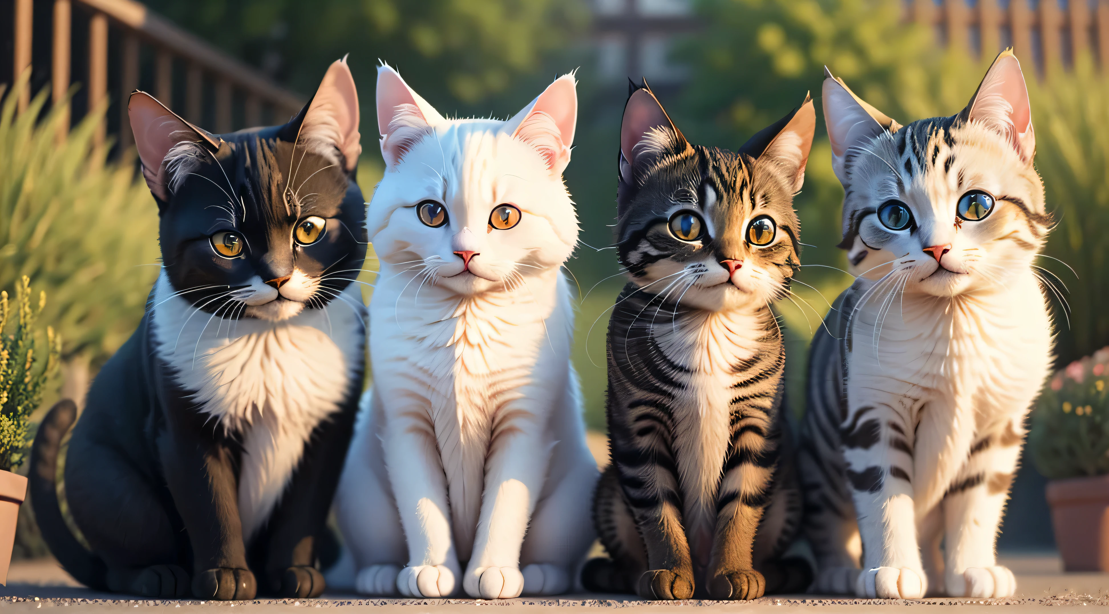 A group of realistic cute cats looking at the camera, full body standing,