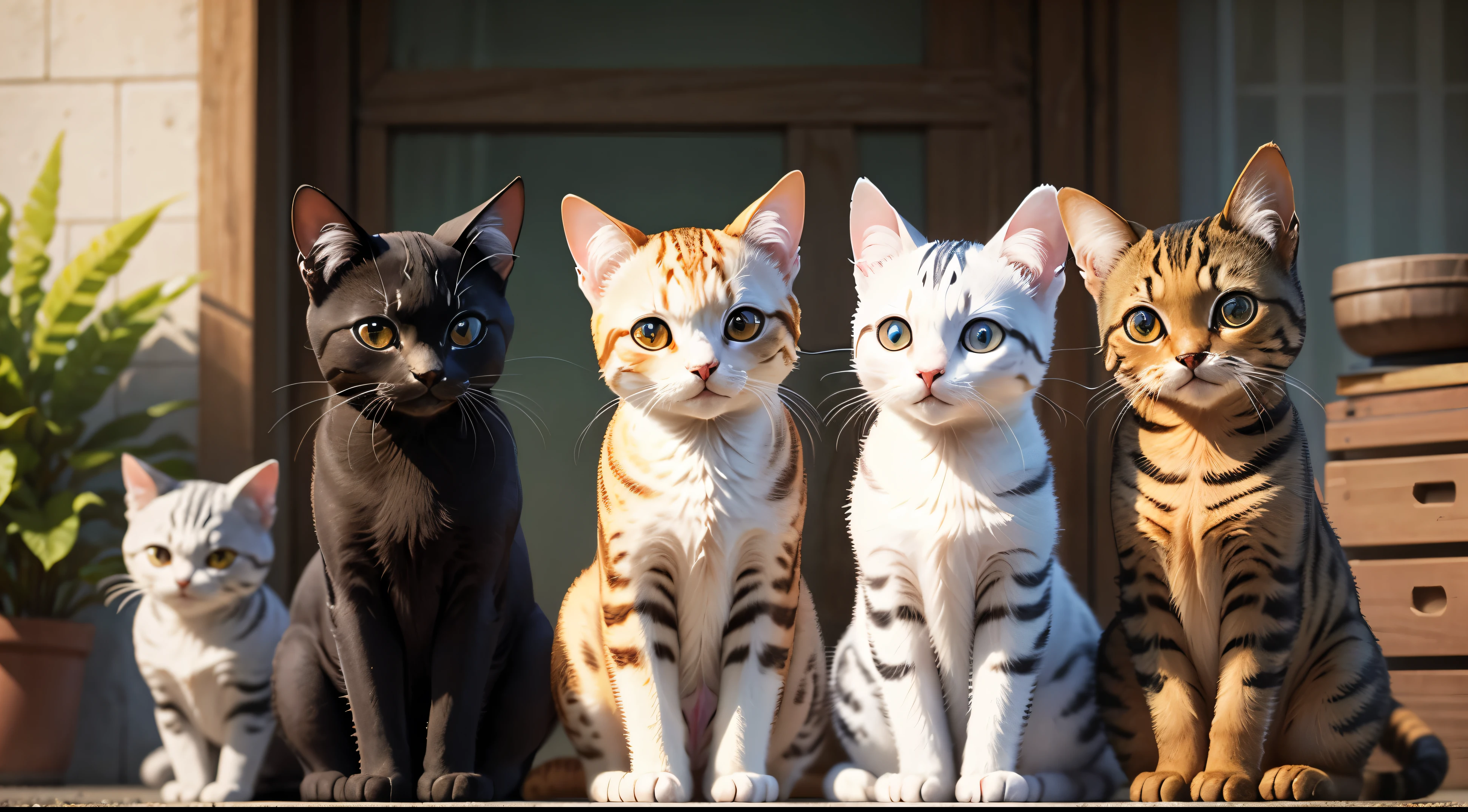 A group of realistic cute cats looking at the camera, full body standing,
