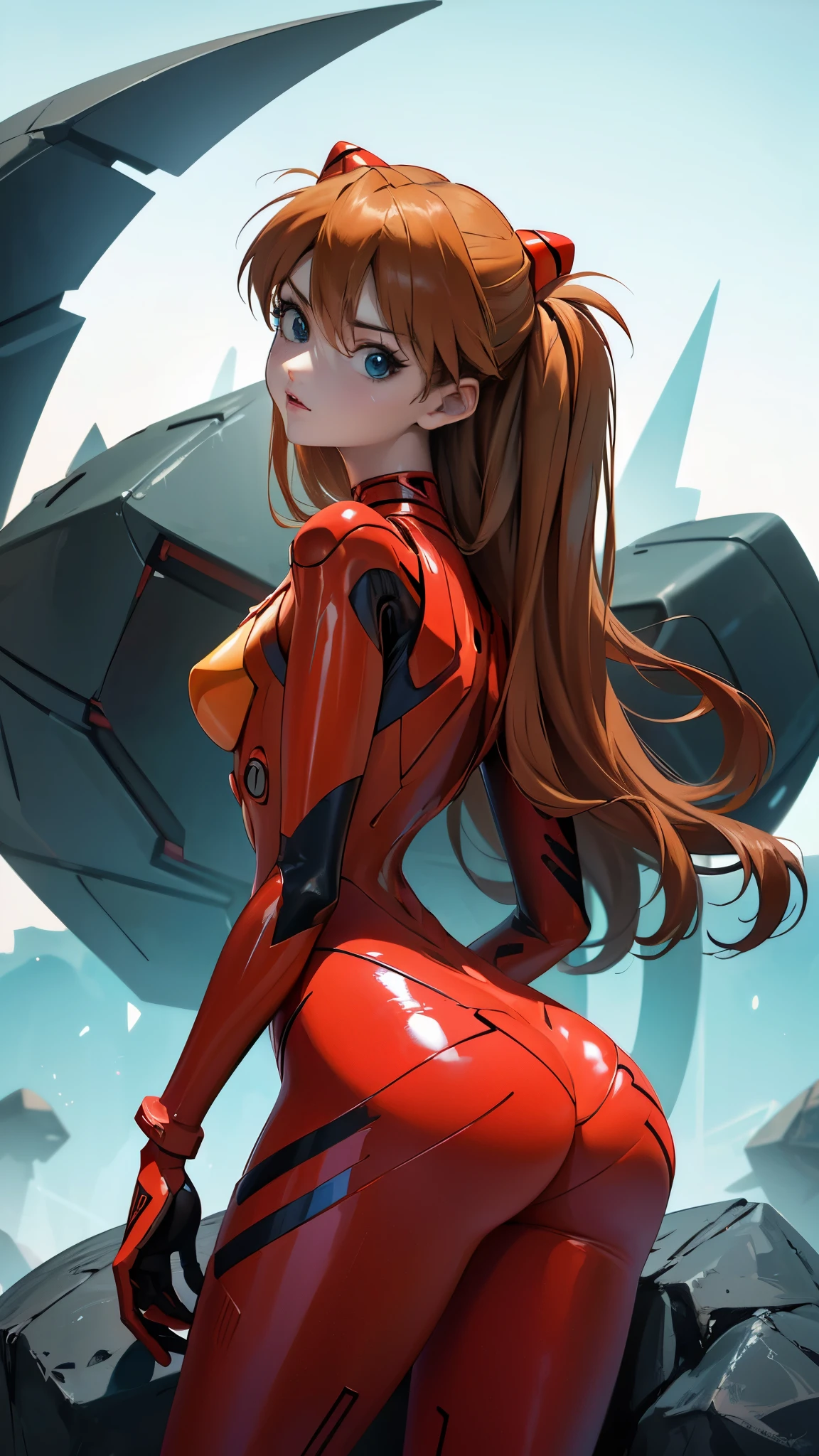 (rear view, backside view),(La mejor calidad,A high resolution,Ultra - detallado,actual), Asuka langley , ojos azules detallados, rubor, adorno para el pelo, Chignon Cabello Caoba, (pelo rubio), (Traje de enchufe:1.2),(Shikinami Asuka Langley:1.4), (fondo laboratorio Robotic futuristic colors:1.4), ,More detailed 8K.motor irreal:1.4,UHD,La mejor calidad:1.4, fotorrealista:1.4, textura de la piel:1.4, obra maestra:1.8,obra-prima, mejor calidad,objeto Objeto], (detailed face features:1.3),(convexo, Dedos detallados)，(fishnet:1.4),(Ojos hermosos azules  ,(pose vaquero ),( 5 Dedos) ,(fondo piedras ????? grandes tenebroso:1.4) 