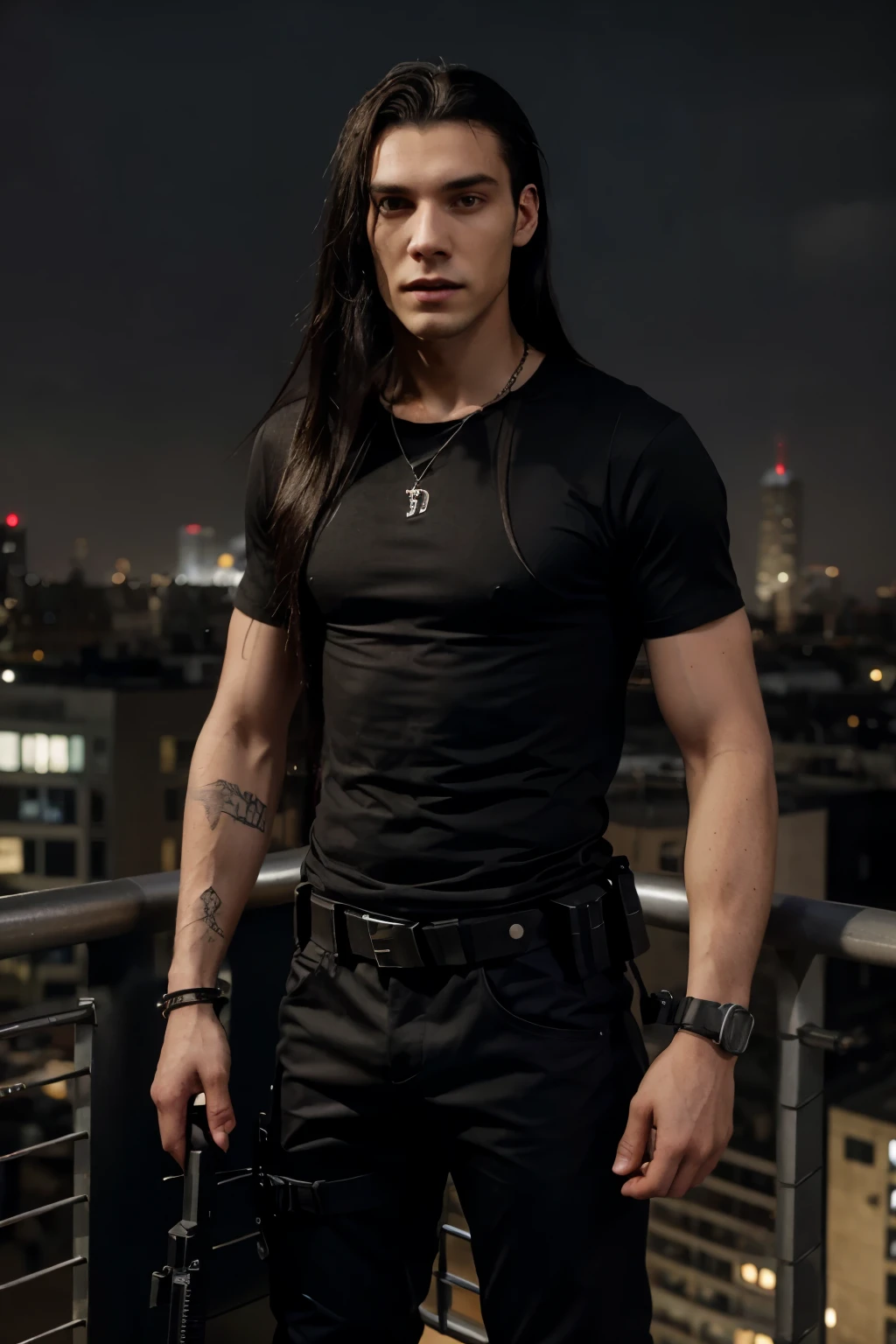 british young man,vampire man,black haired man,young man,19 years old,long hair,long straight hair,dystopian urban settin,grey t-shirt,skinny body,the matrix style,tactical shoulder holster,tactical gears