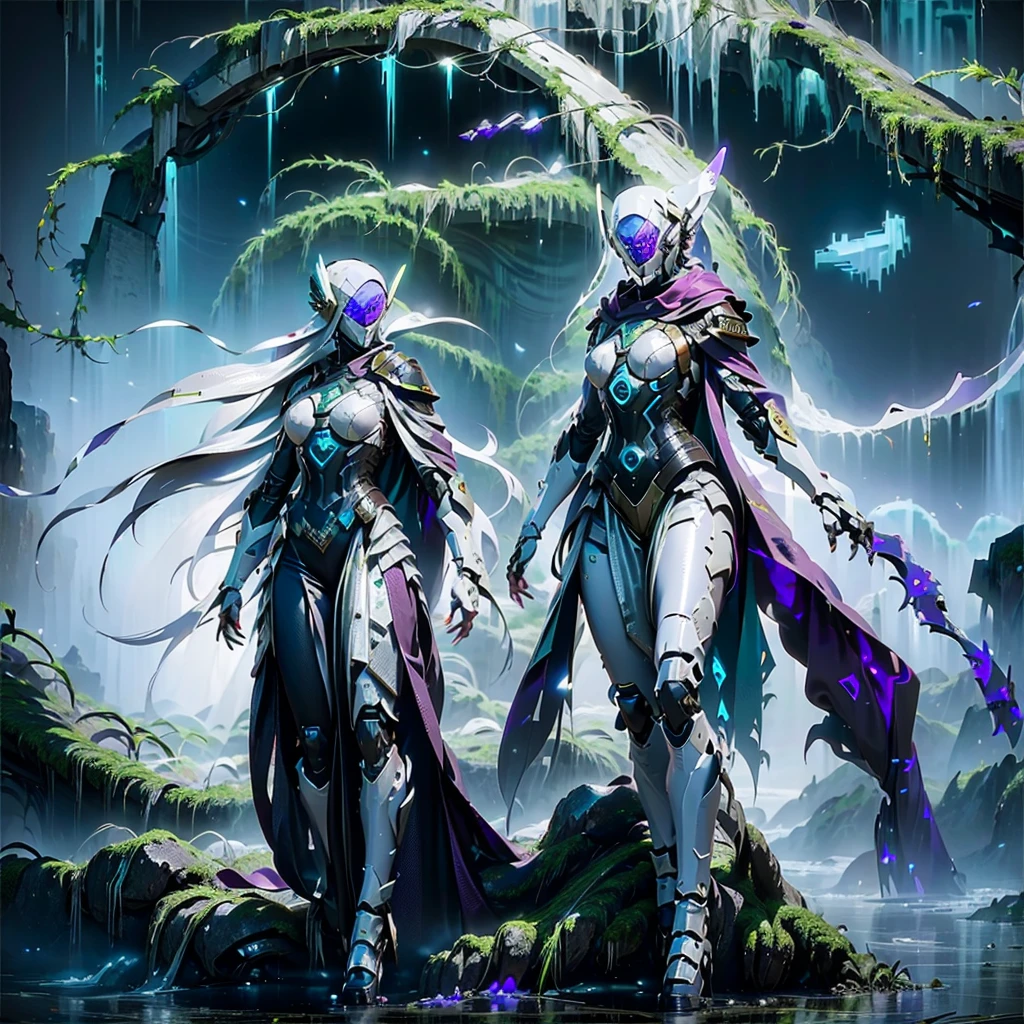 cyberfusion, ((female paladin robot cyborg)) white armor, white metal mask, purple cloak, in ancient stone ruins, full body, full glowing body armor, large hips, large breasts, metal tentacle hair, overgrown vines, mossy, small waterfall