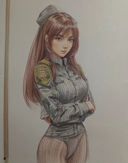 colored pencil drawing. Sketch. Mujer anime.  Ropa militar ajustada. Sexy Athletic.