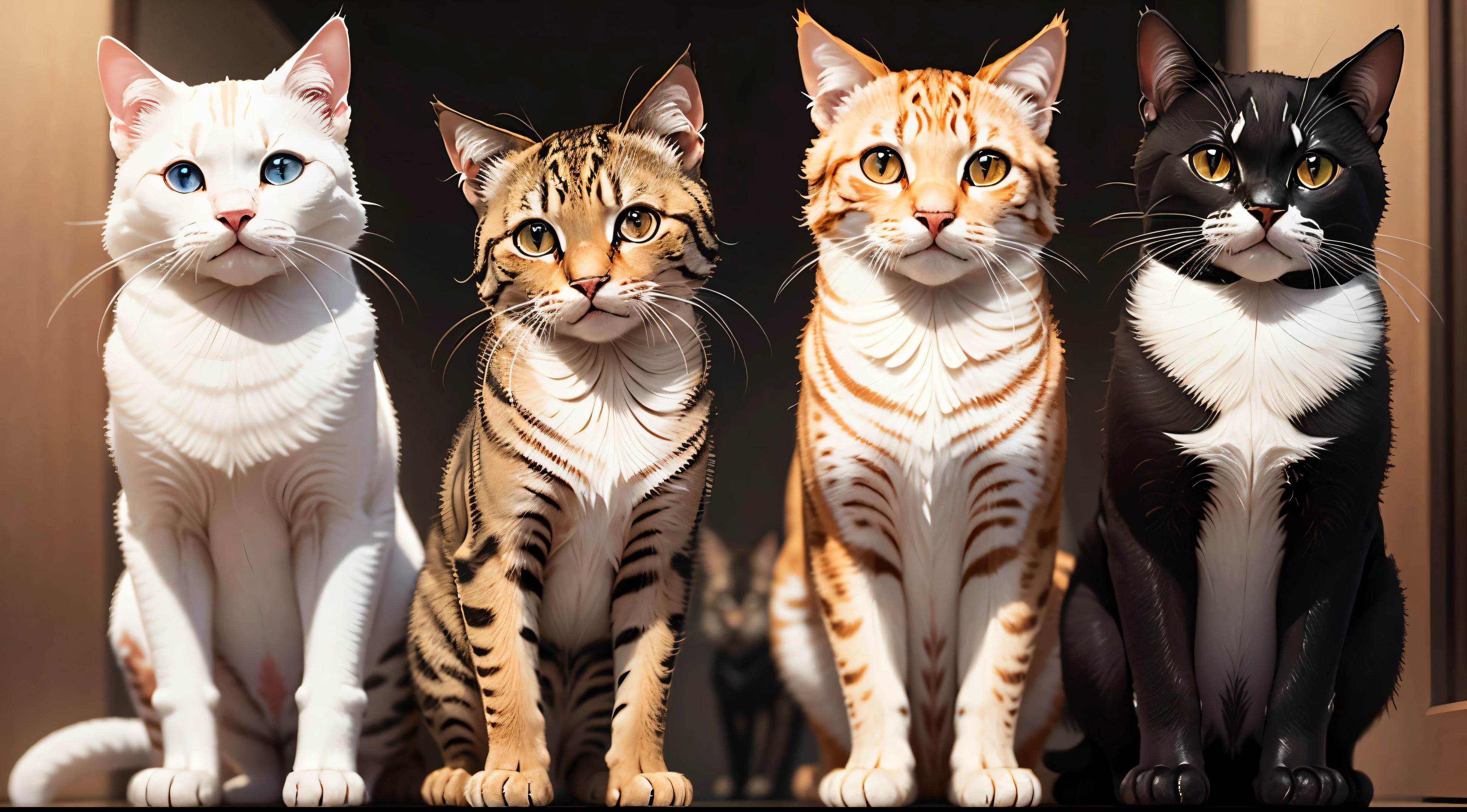 A group of four realistic cute cats looking at the camera, full body standing,