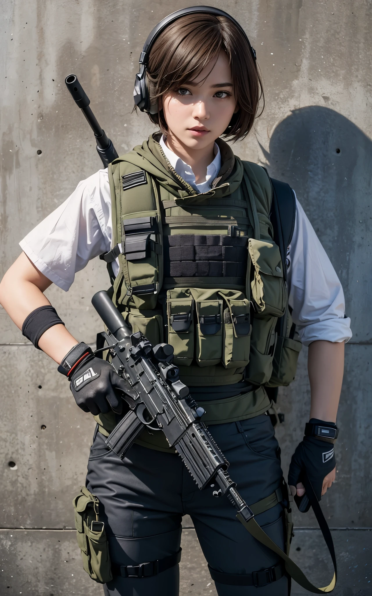 (best quality,8k,photorealistic:1.37),realistic skin texture,beautiful Japanese American Navy SEALs female member,automatic rifle,breaching team,faces,front of a personnel transport van,cap,braids,military pants,boots,tattoo,black T-shirt,body armor,looking through the window of a car from the outside,talking to the driver,toned physique,interesting composition