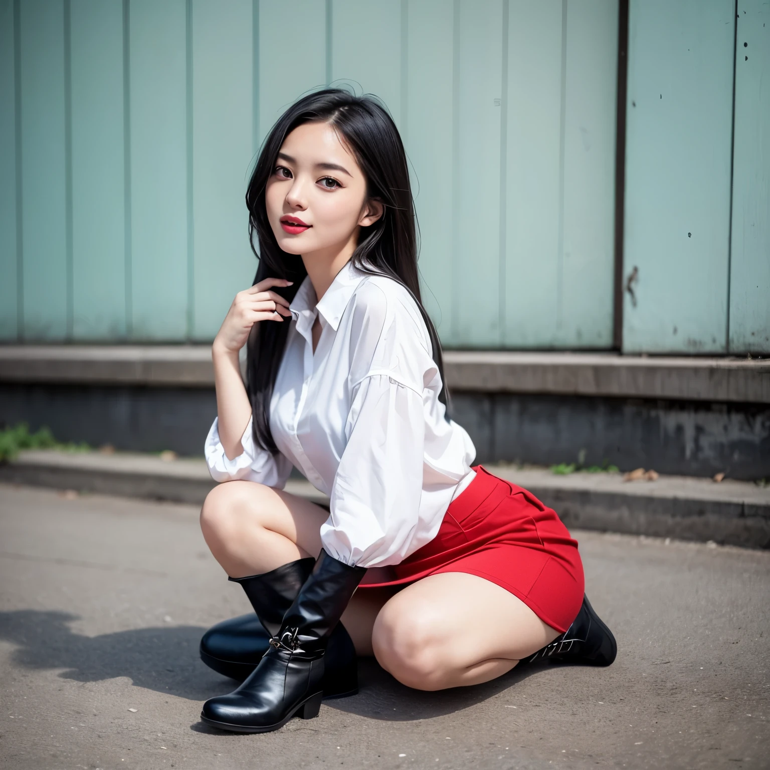 A 27-year-old mixed-race female lawyer who loves playing outside., Sexy and、She is wearing a short skirt, white blouse, and black short boots.,I love to laugh, her hair is a mixture of red and black, she has blue eyes and a serious look, her background is dreamy