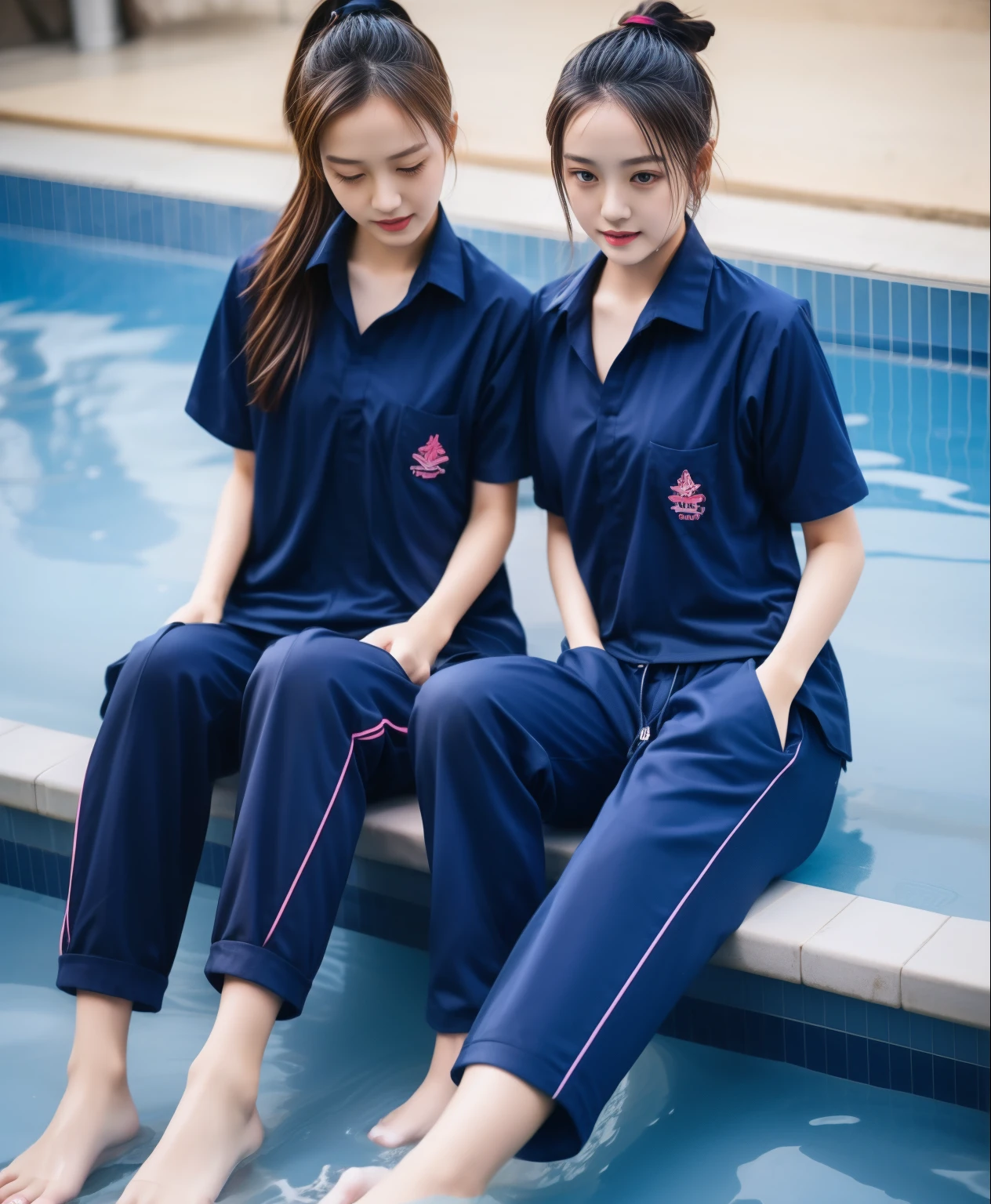 2 girls sitting by the pool, Navy blue short-sleeved shirt,Navy Long Trackpant,Sweatpants, Sweatpantsขายาว,25 year old girl, lesbian, sexy, exercise clothes, wet body, Soak your feet in water