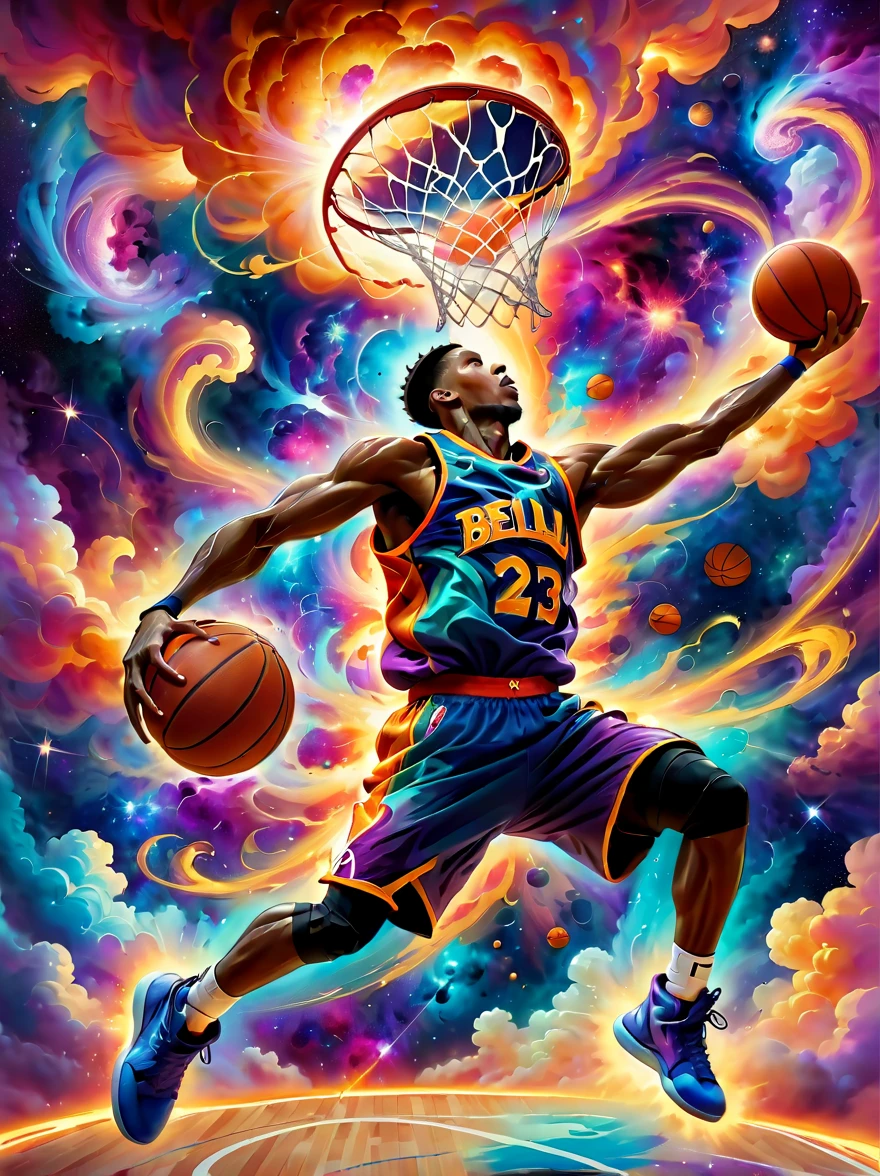 (Basket frame:1.5),Create an expressive oil painting,Depiction of a basketball player dunking a basketball,Depicted as an explosion of a nebula。Basketball players should capture with dynamic and powerful posture,during dunk,Body and movement blend seamlessly into vibrant、Colorful nebula cosmic clouds。The entire scene should convey an energy、Dynamic and majestic feeling,Because the act of dunking is artistically transformed into a spectacular cosmic event。Vibrant colors and dramatic brushstrokes should be used to emphasize the explosive and celestial nature of the scene。