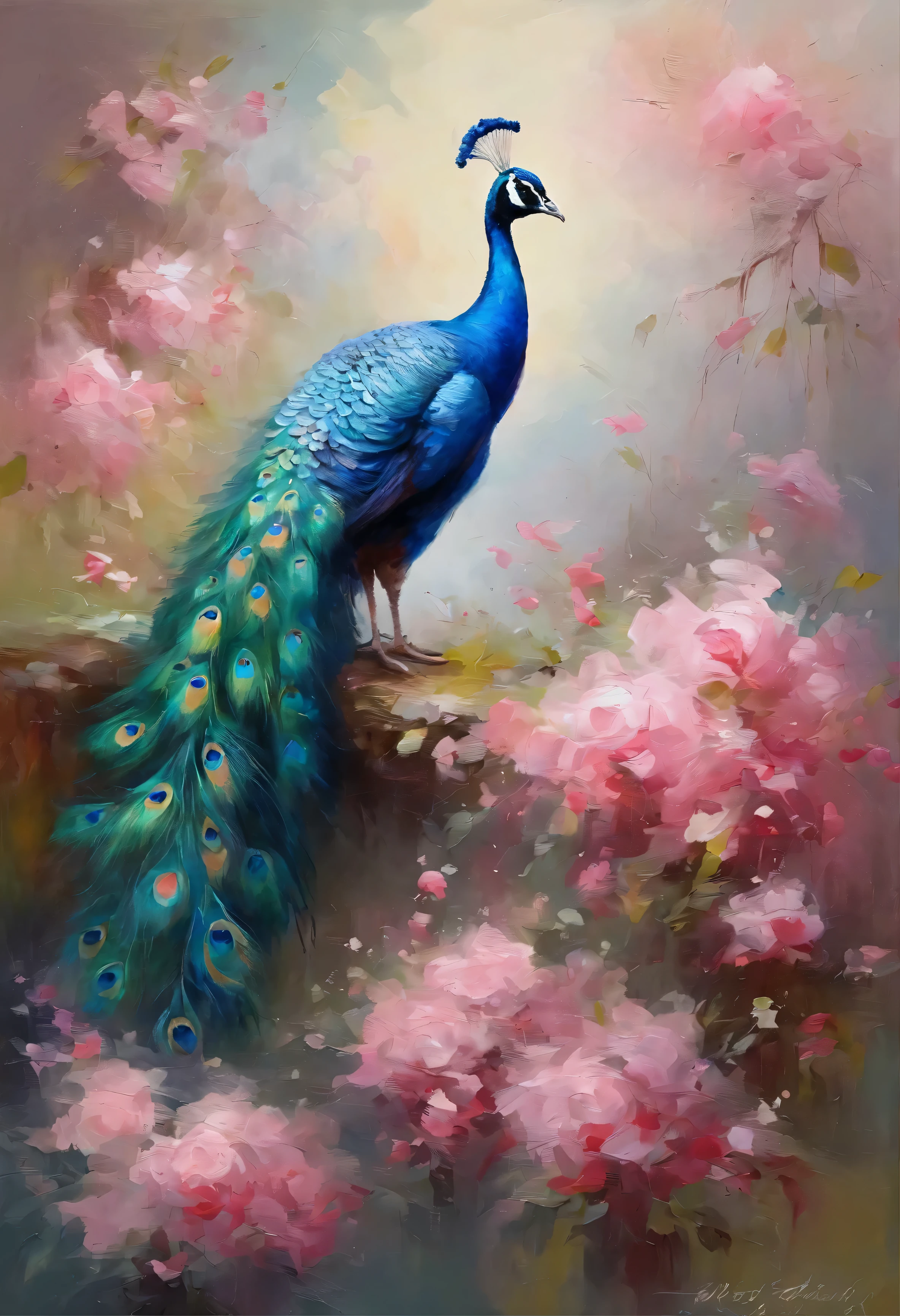 A peacock stands among the pink flowers，The gesture is noble，The colors are eye-catching
