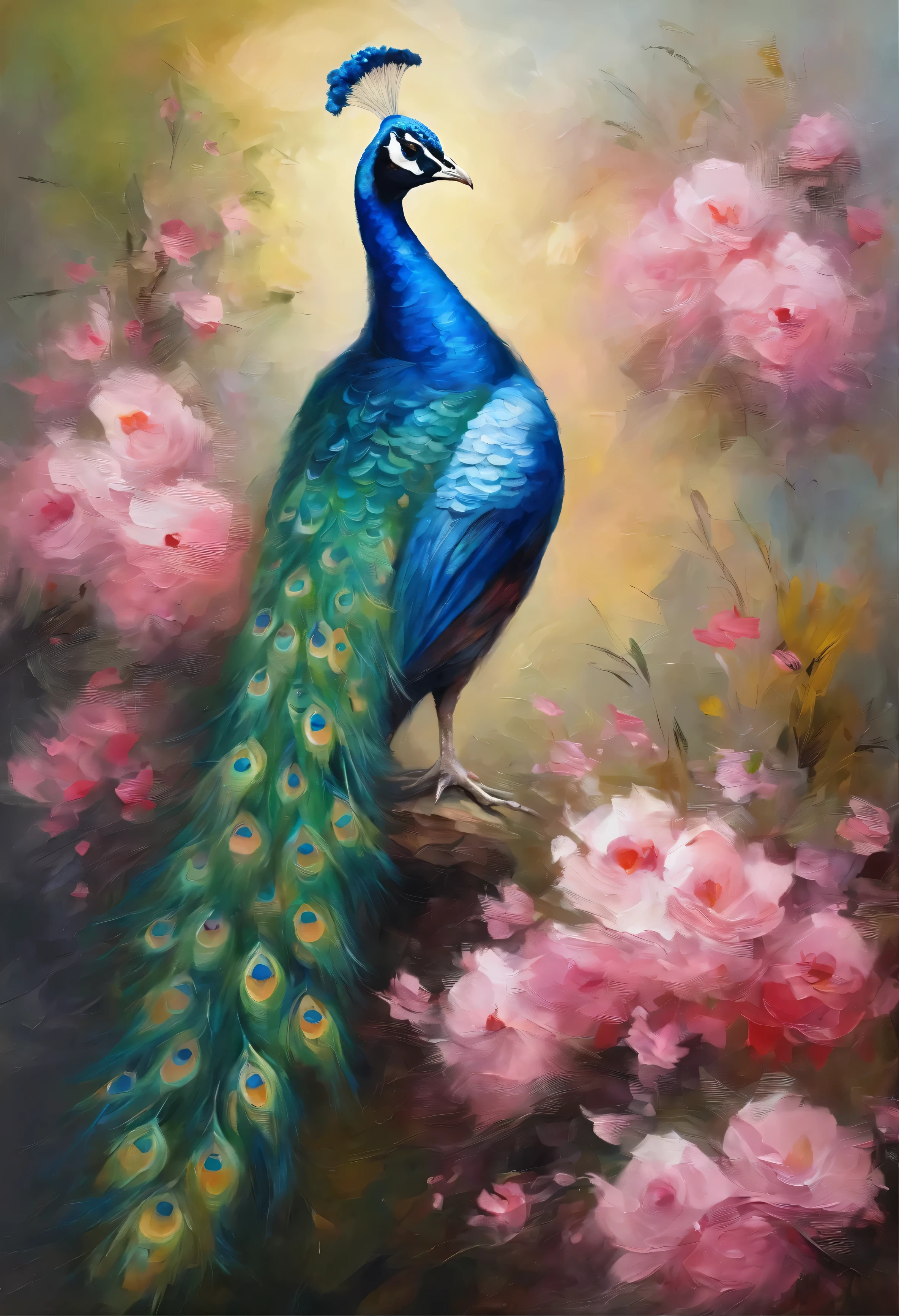 A peacock stands among the pink flowers，The gesture is noble，The colors are eye-catching