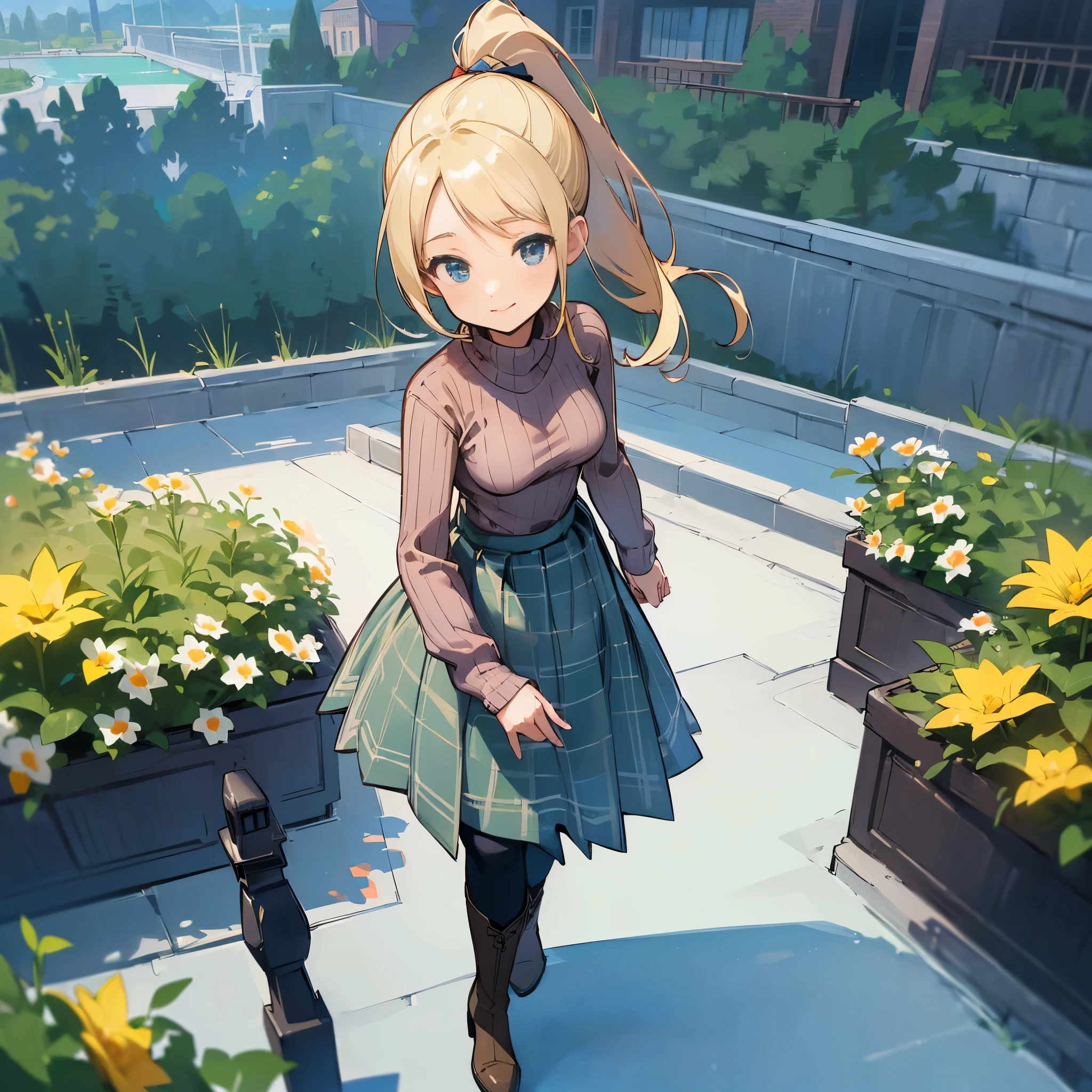 (high quality, high resolution, Super detailed, Reality:1.37), peaceful atmosphere, (outdoor, garden),  girl standing alone, (My breasts are big.), Beautiful detailed features, cute smile, (Blonde ponytail), ribbed sweater, blue plaid skirt, Black tights, brown boots.