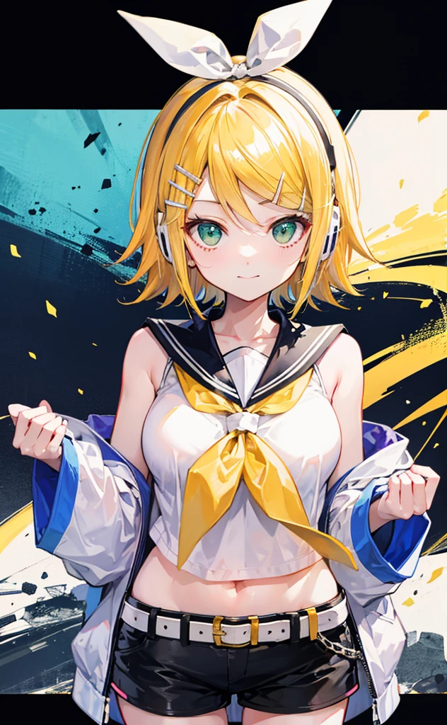 top-quality、super precision、Onegirl、(kagamine_Rin)、Green eyes、Cute  s、Shorthair、White hair ribbon、hair clips、headphones、a blond、a sailor suit、Black shorts、a belt、Yellow neckerchief、Sleeveless、ssmile、High school students、Older sister、white backgrounid big  露出肚脐