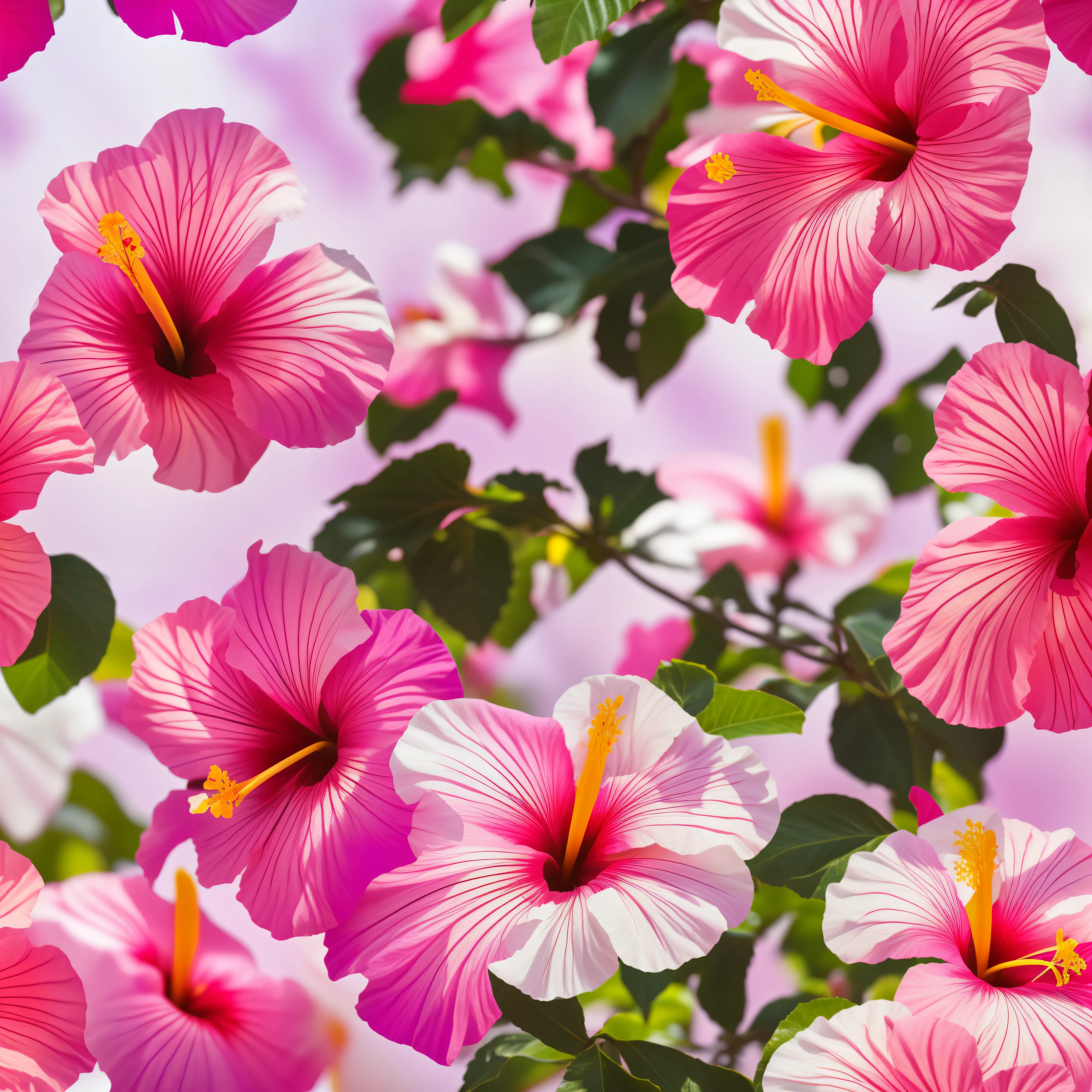 hibiscus in bloom, flower garden background, Vivid colors, white and pink, Color Grading, dslr, shot on 35mm, Direct sunlight, shadow effects, f/18, Low angle, 8k, Photorealistic, Hyper detailed, Close-up, Uplight
