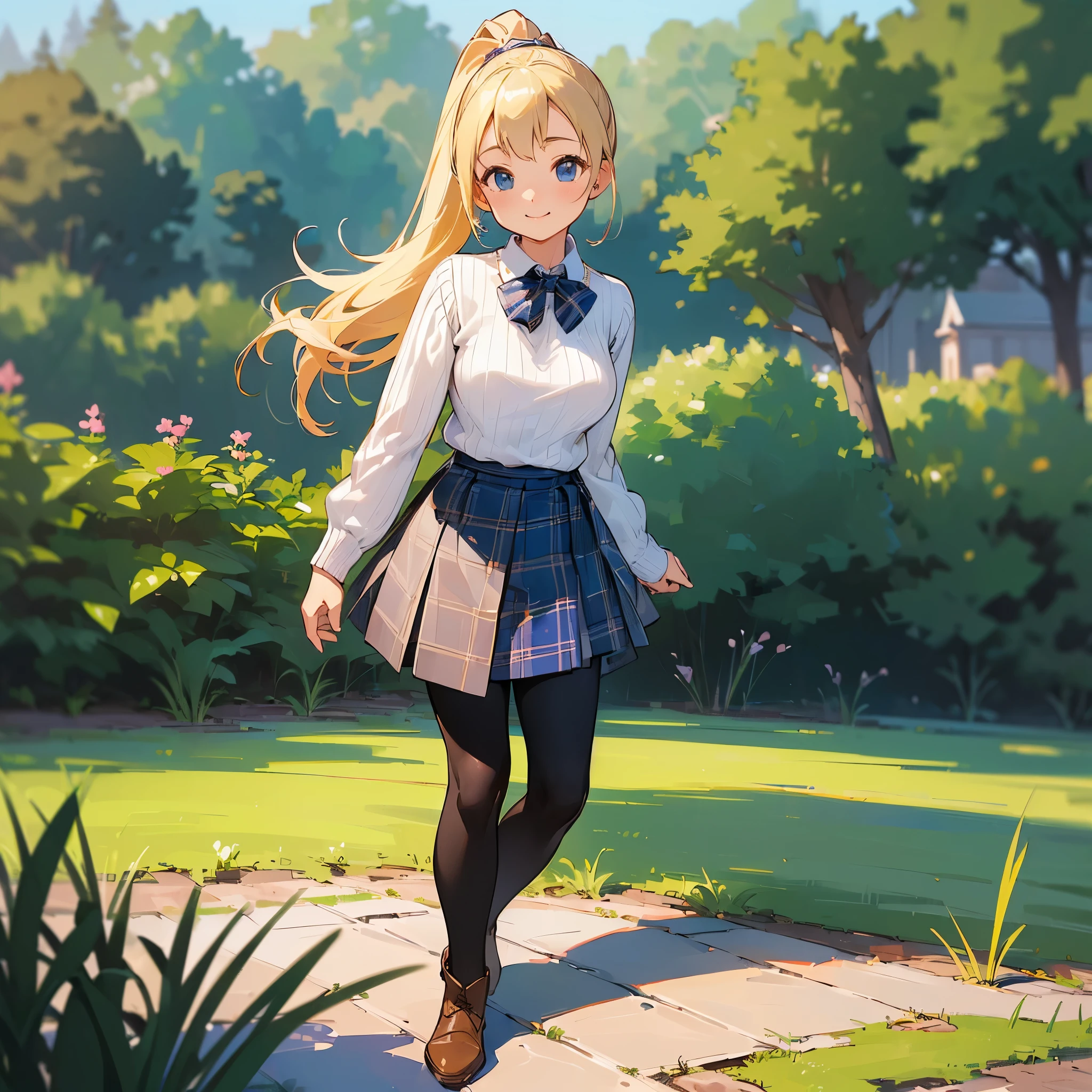 (high quality, high resolution, Super detailed, Reality:1.37), peaceful atmosphere, (outdoor, garden), Teenage girl standing alone, (My breasts are big.), Beautiful detailed features, cute smile, (Blonde ponytail), ribbed sweater, blue plaid skirt, Black tights, brown boots.
