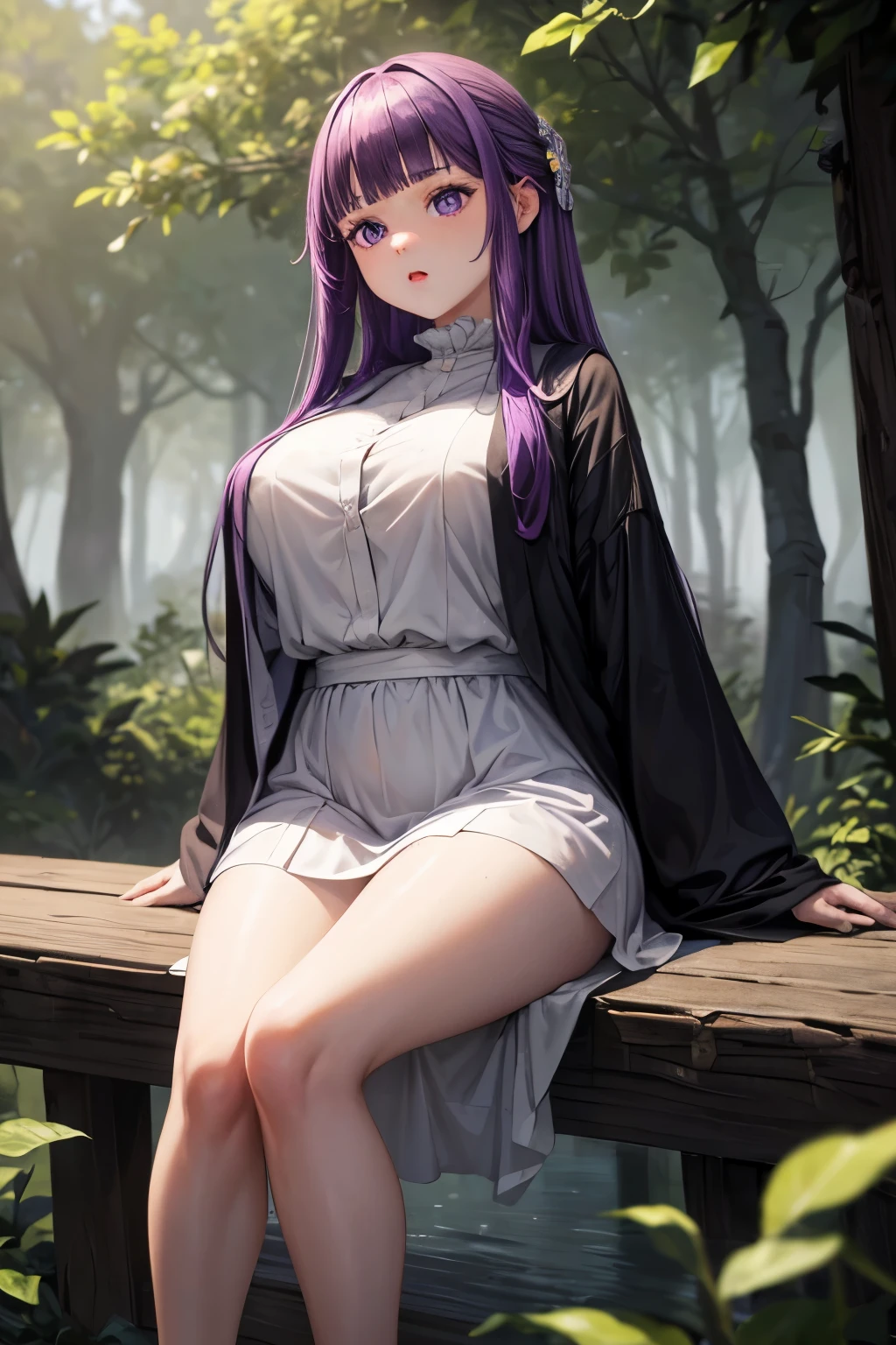 masterpiece, best quality, absurdres, perfect anatomy, 1girl, solo, FernFrieren, very long hair, purple eyes, (purple pupils), white dress, black robe, large breasts, outdoors, forest, sitting, rock, 