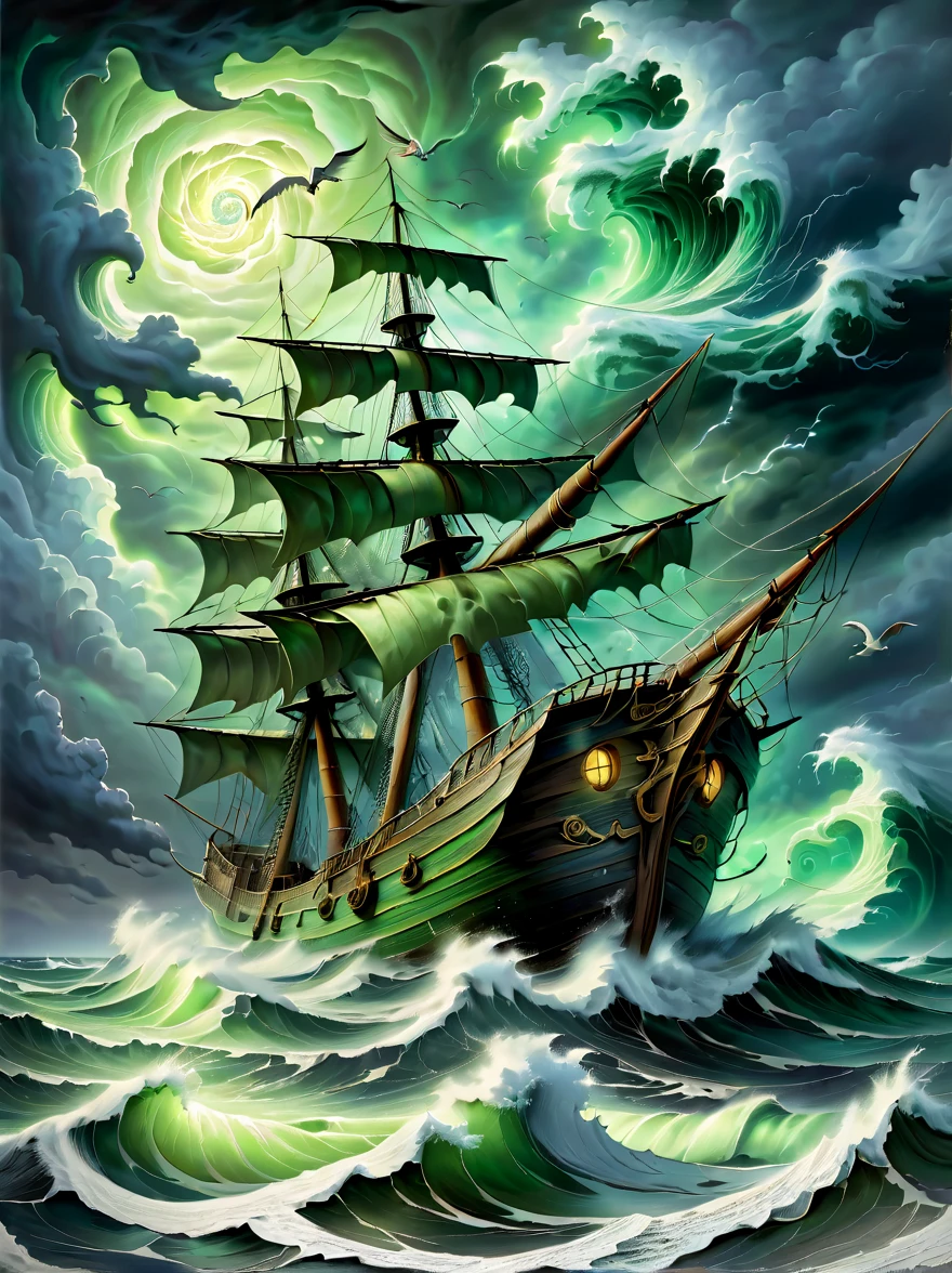 A detailed oil painting，Depicts an old captain steering his ship through a storm。Salt water splashed on his weathered face，His eyes are full of determination。Above, swirling malevolent clouds can be seen，Rough waves threaten to swamp ships，while seagulls dive and swirl among the chaotic landscape。Thunder and lights are heard in the distance，illuminates the scene with an eerie green glow。