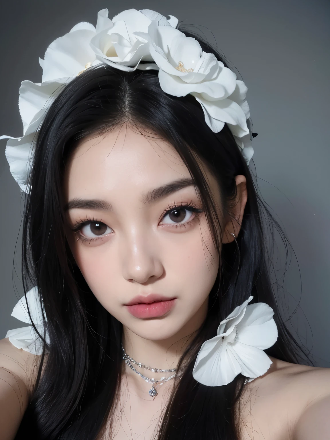 Kim Jennie con el cabello negro oscuro, con rulos en las puntas del cabello negro oscuro, con un ganchito de estrella en el cabello negro oscuro, ojos de color claro, ojos bonitos, nariz bonita y respingada, labios bonitos, labios rosas, heart shaped lip and cupid, piel bonita, pale and white skin, con lunares y pecas en todo el rostro, rubor rosa suave en las mejilla, rubor rosa natural, dark and gothic makeup, Jennie gotica, cuellos bonito, cuello marcado, frown, mirada enojada, con un collar de beso, un collar bonito de beso, mientras muestra sus pechos desnudos, mientras tiene los pezones con dos corazones de papel rosa, tiene los pezonnes con corazones de papel rosa (pechos grandes, pechos suaves, pechos bonitos, pechos naturales), looking to the camera, selfie 