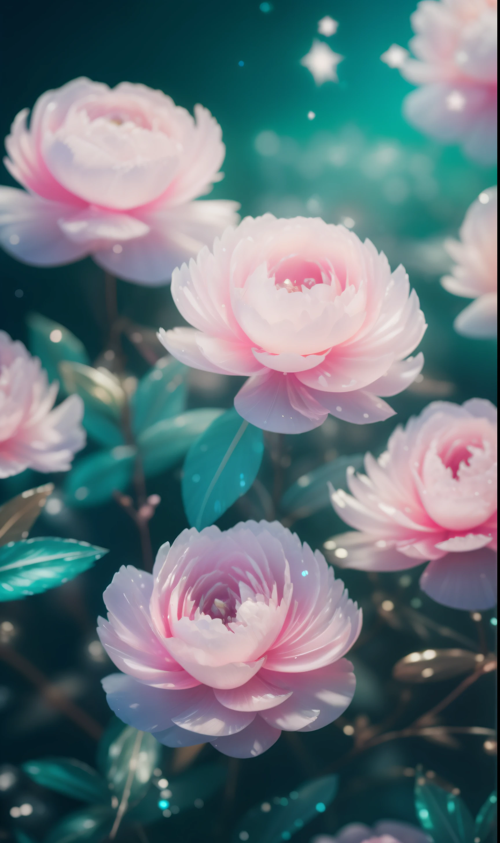 Crystal fantasy, Peonies, toe-up, countless crystal feathers flutter in the air,
fantasy, galaxy, transparent, shallow depth of field, jade bokeh, sparkling, sparkling, stunning, colourful,
Magical Photography, Dramatic Lighting, photo realism, Ultra Detail, 4K, DOF, High Resolution