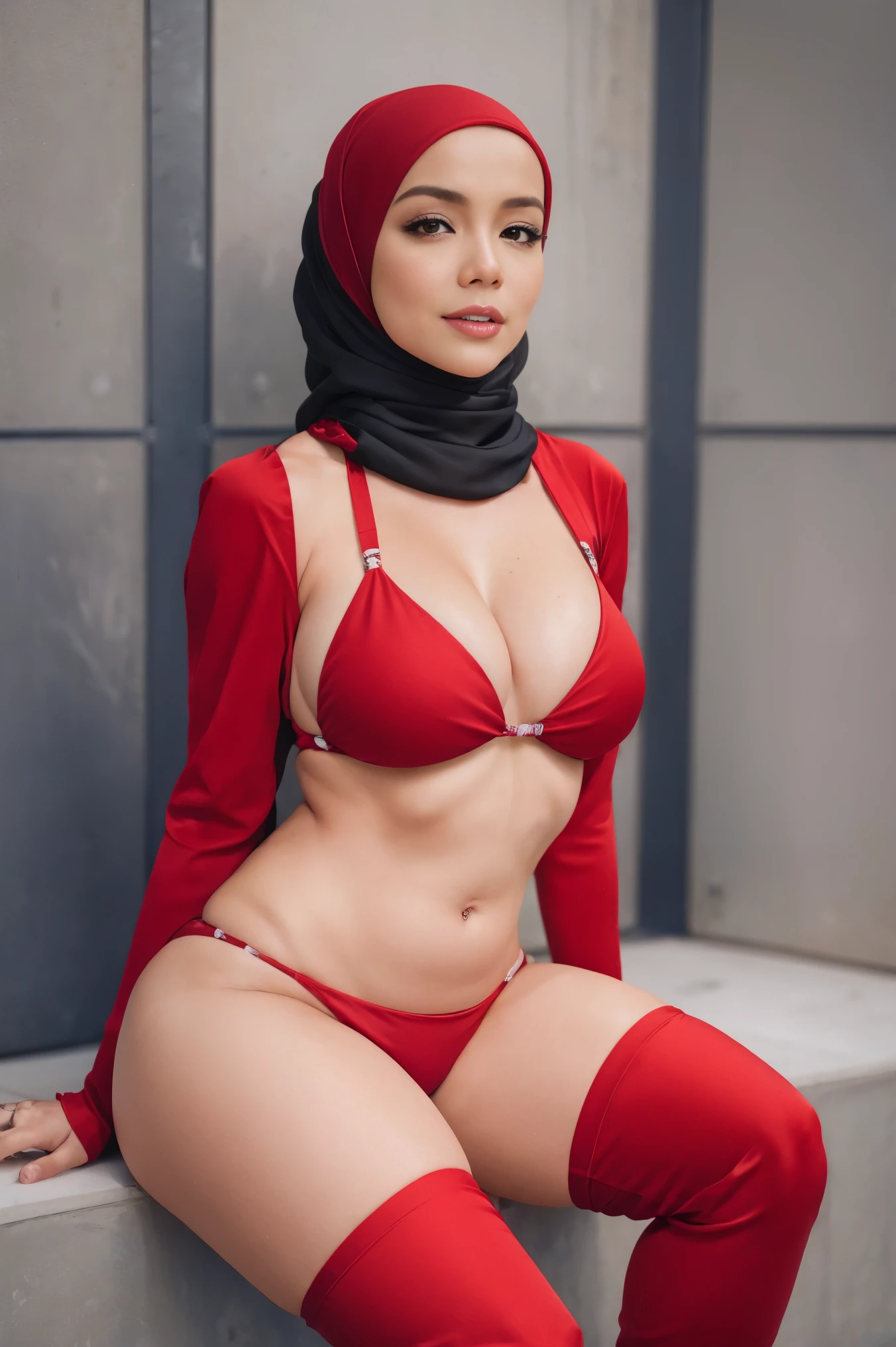 highest quality,shiny skin, a woman with hijab, full bikini with hijab woman, (whole body), ((pink tattoo below navel)), brown eyes,(heavy big breasts), (Chubby body type),(thighs thighs thighs),((red and black high thigh boots )),((Red and black bikini)),sitting,spread your legs,(Condescending eyes),from the front,(prison),night