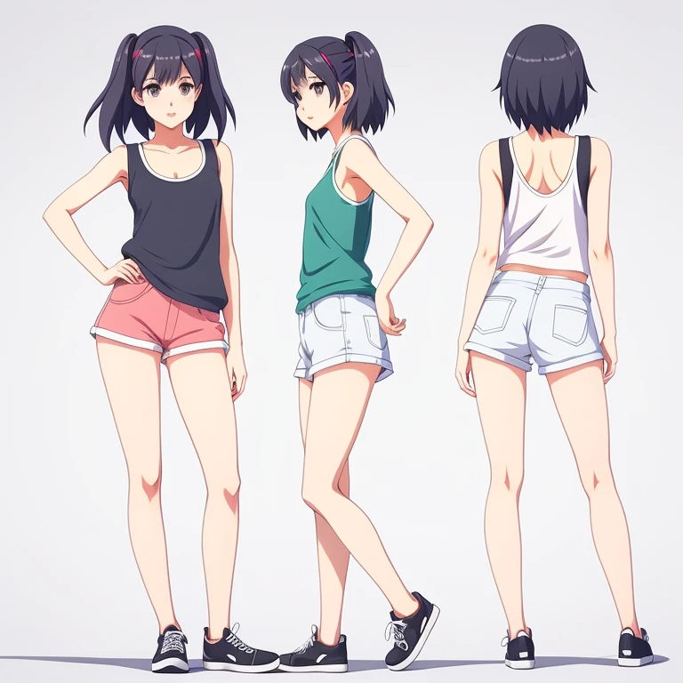 Cartoon girl wearing shorts and tank top standing with legs crossed, anime full body illustration, full-body shot, short full body portrait!, Realistic shadow perfect body, full body illustration, full-body shots, Anime vtuber full body model, pretty face,arms and legs, transparent body, ecchi anime style, Cell coloring adult animation, female whole body