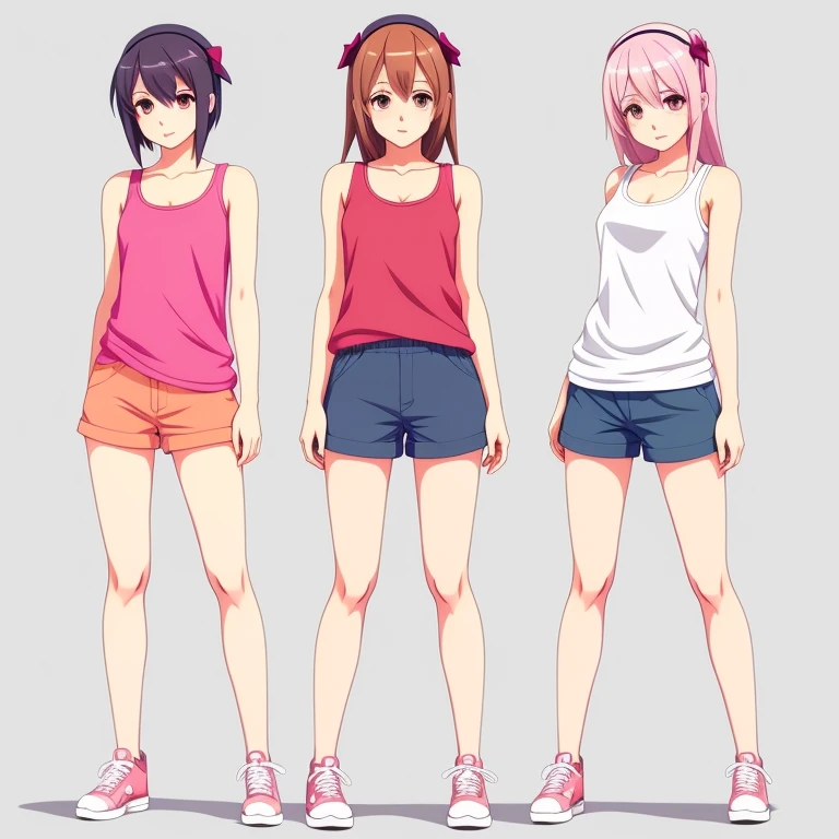 Cartoon girl wearing shorts and tank top standing with legs crossed, anime full body illustration, full-body shot, short full body portrait!, Realistic shadow perfect body, full body illustration, full-body shots, Anime vtuber full body model, pretty face，arms and legs, transparent body, ecchi anime style, Cell coloring adult animation, female whole body