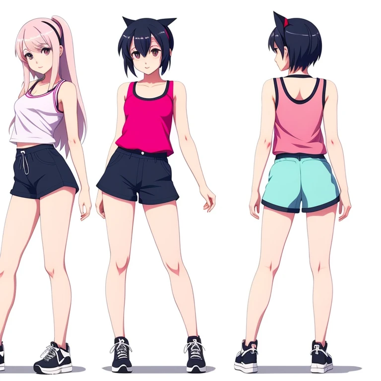 Cartoon girl wearing shorts and tank top standing with legs crossed, anime full body illustration, full-body shot, short full body portrait!, Realistic shadow perfect body, full body illustration, full-body shots, Anime vtuber full body model, pretty face，arms and legs, transparent body, ecchi anime style, Cell coloring adult animation, female whole body