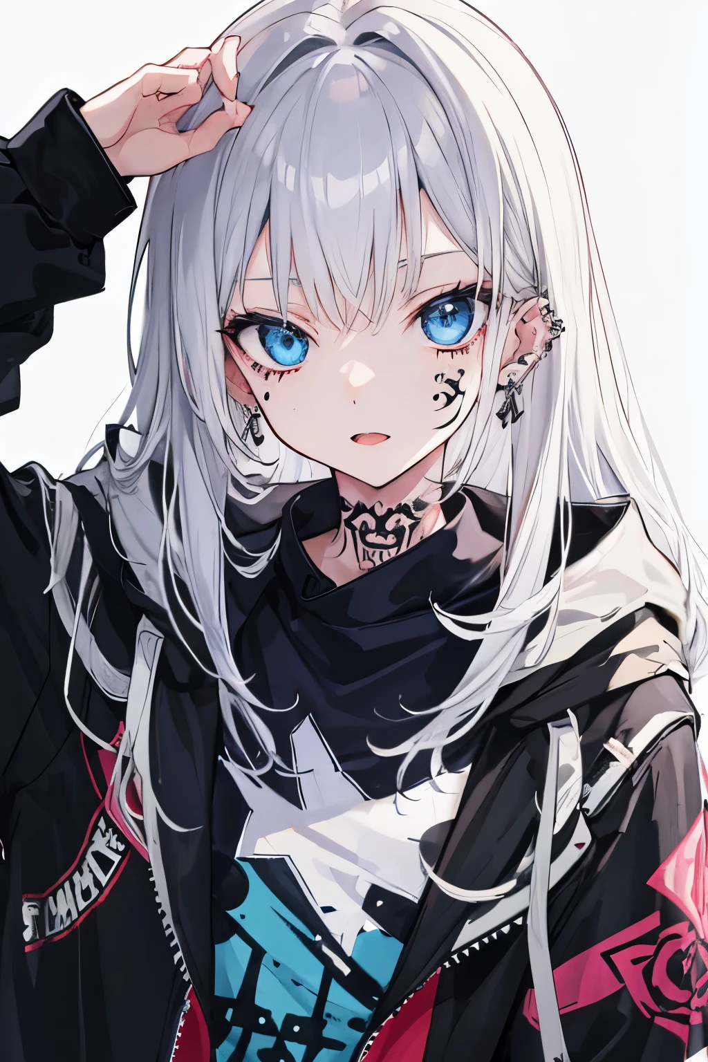 silver hair, blue eyes, anime girl with tattoos, perfect face, punk clothing, facial piercings