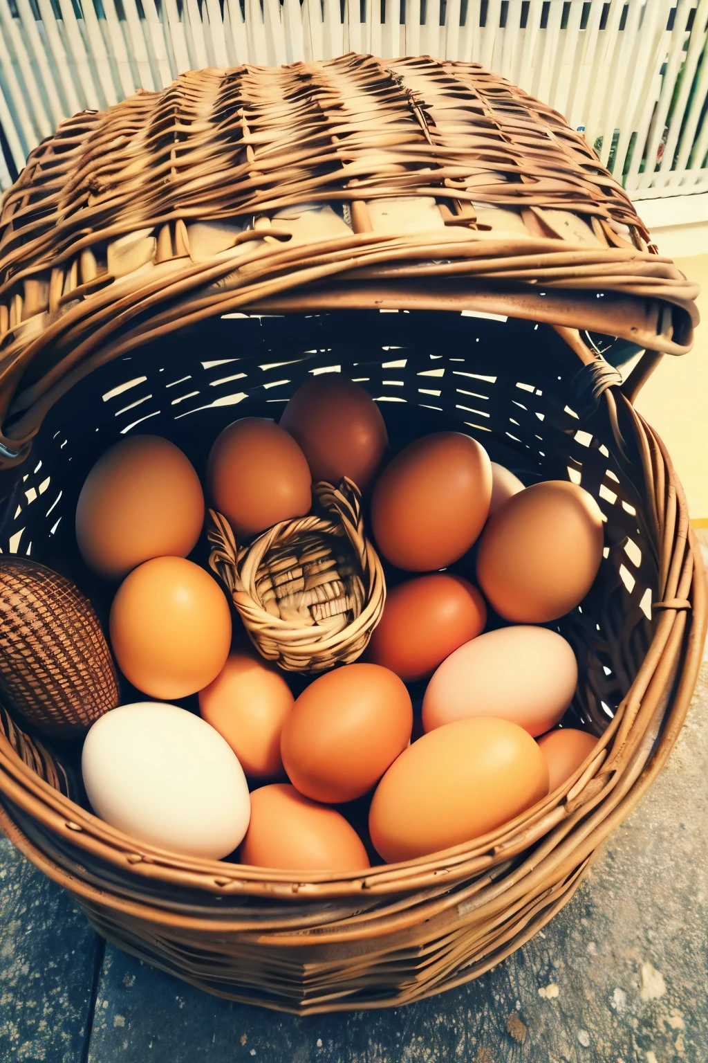 There is a basket of eggs next to a chicken