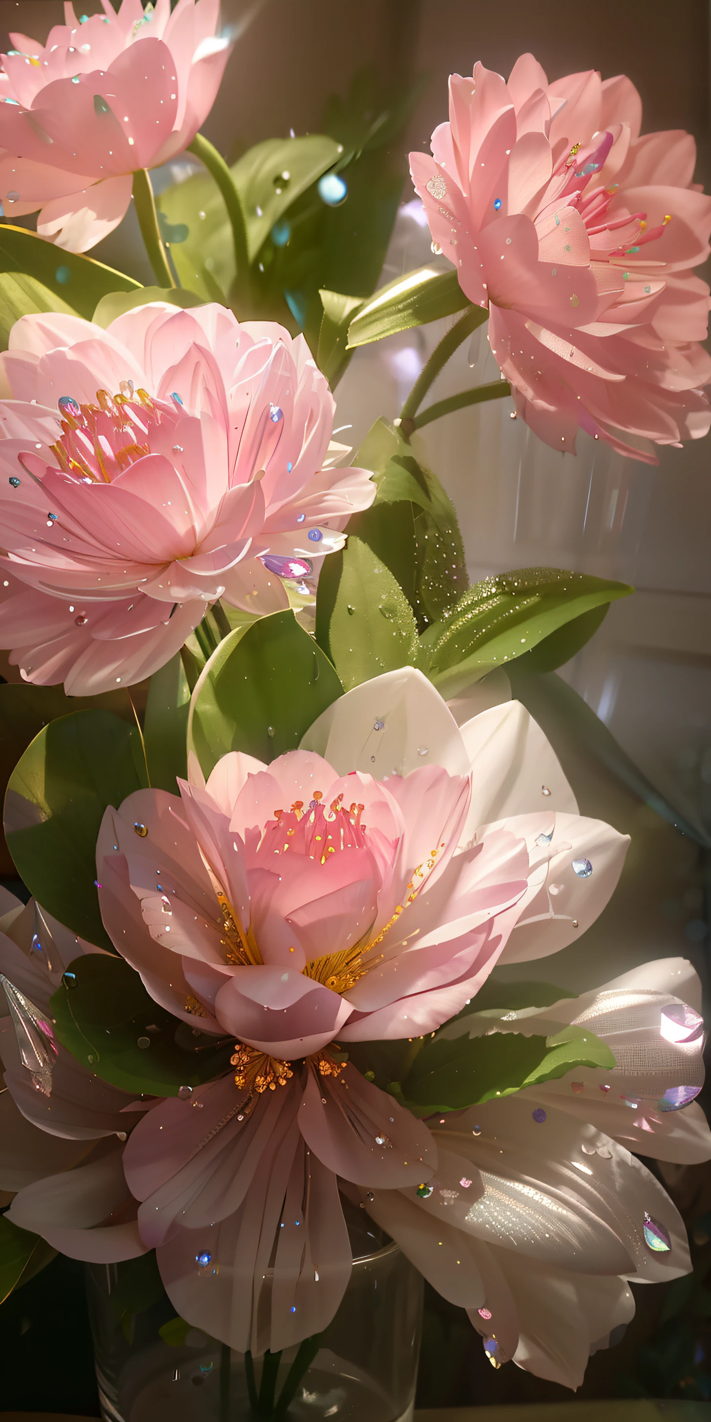 There are water droplets on the flowers,Place in a vase, sparkling petals, beautiful flowers and crystals, Pink flowers, soft flowers, floral bling, glittery,softness, Magical flowers, Ethereal beauty, paul barson, soft and intricate, flowers and blossoms, detailed flowers, pink flower, flowers with intricate detail, glowing delicate flower, surreal waiizi flowers