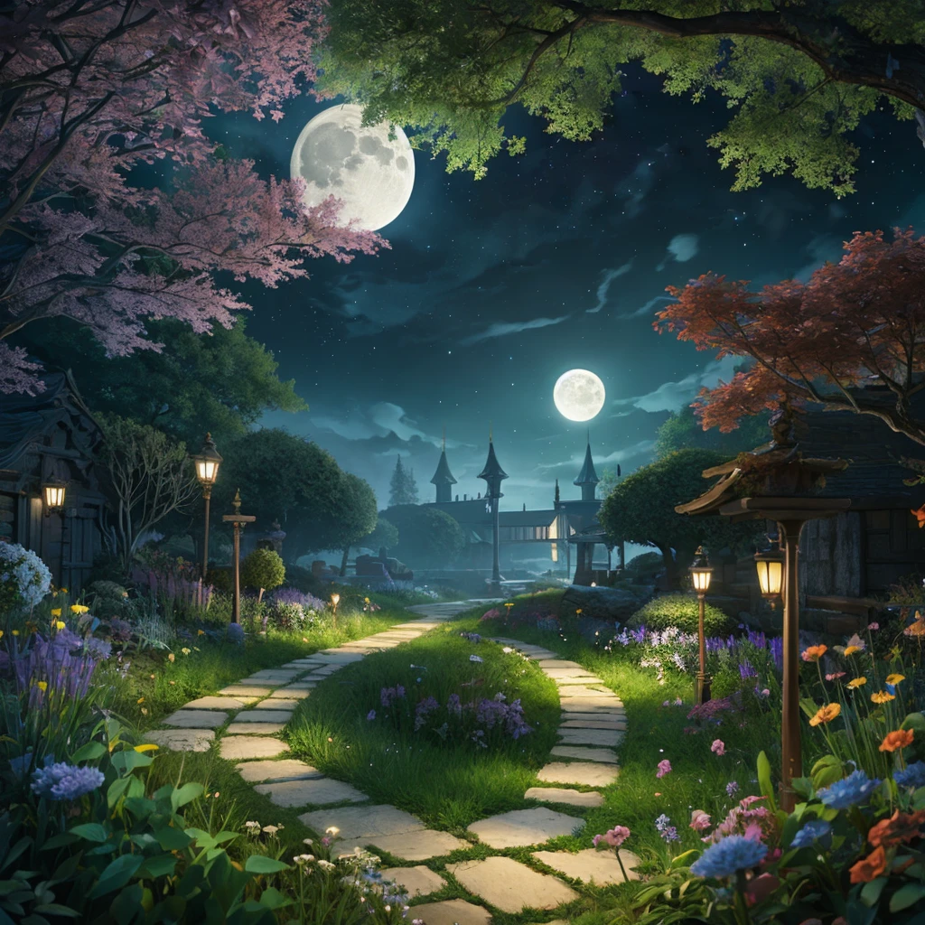 Fantasy, picture book style, 3d animation, creating one path leading to the moon,