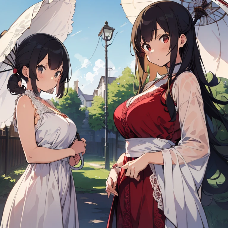 (masutepiece:1.2), (Best Quality:1.2), (high resolution:1.2),
(2+girls:1.2), (simple standing:1.0), (Luxurious romantic style dress:1.5), (Sailor suit style:0.7), (Composition in the style of portraits:1.0), (Excessively luxurious lace:1.2),
(right girl has long fluffy blonde hair and a red dress:1.2), (left girl has very short bob black hair and a white dress:1.2), (left girl with luxury parasol :1.2),