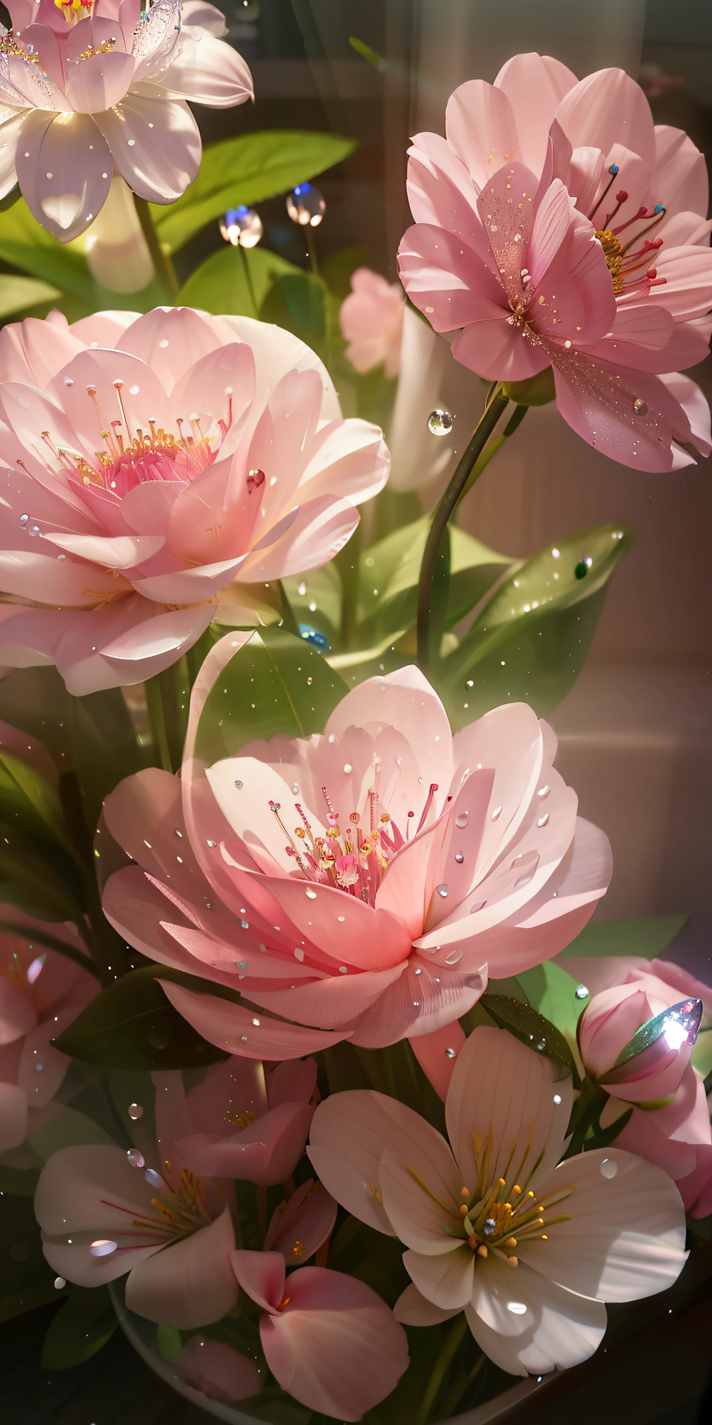 There are water droplets on the flowers，Place in a vase, sparkling petals, beautiful flowers and crystals, Pink flowers, soft flowers, floral bling, glittery，softness, Magical flowers, Ethereal beauty, paul barson, soft and intricate, flowers and blossoms, detailed flowers, pink flower, flowers with intricate detail, glowing delicate flower, surreal waiizi flowers