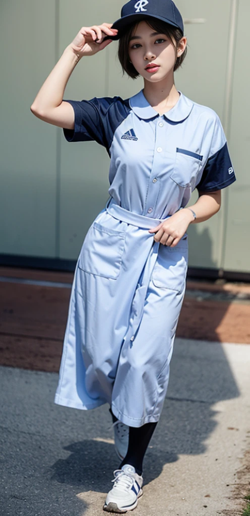 whole、whole body、poses to take pictures、The path to transformation、Female baseball player turns into a nurse、detailed face、Hires,The baseball uniform changes smoothly into a collared nurse uniform.,Hires,1girl,poses to take pictures、Baseball cap transforms into a nurse cap、short hair、Smart style、