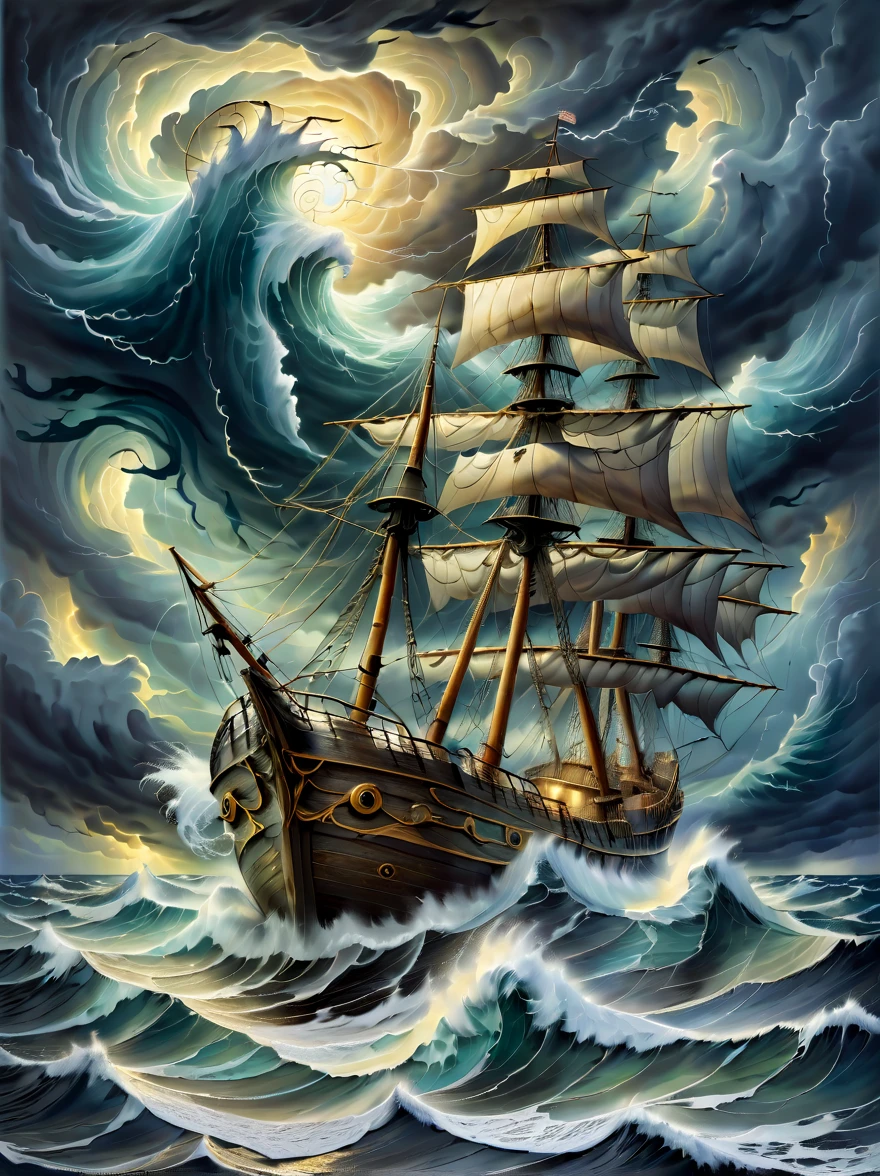 A detailed oil painting of an old sea captain, steering his ship through a storm. Saltwater is splashing against his weathered face, determination in his eyes. Twirling malevolent clouds are seen above and stern waves threaten to submerge the ship while seagulls dive and twirl through the chaotic landscape. Thunder and lights embark in the distance, illuminating the scene with an eerie green glow.