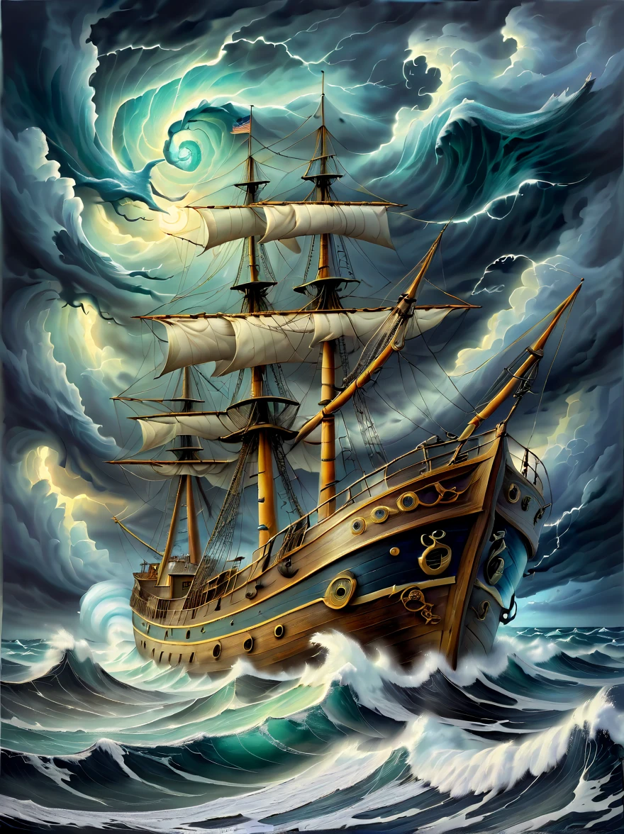 A detailed oil painting of an old sea captain, steering his ship through a storm. Saltwater is splashing against his weathered face, determination in his eyes. Twirling malevolent clouds are seen above and stern waves threaten to submerge the ship while seagulls dive and twirl through the chaotic landscape. Thunder and lights embark in the distance, illuminating the scene with an eerie green glow.