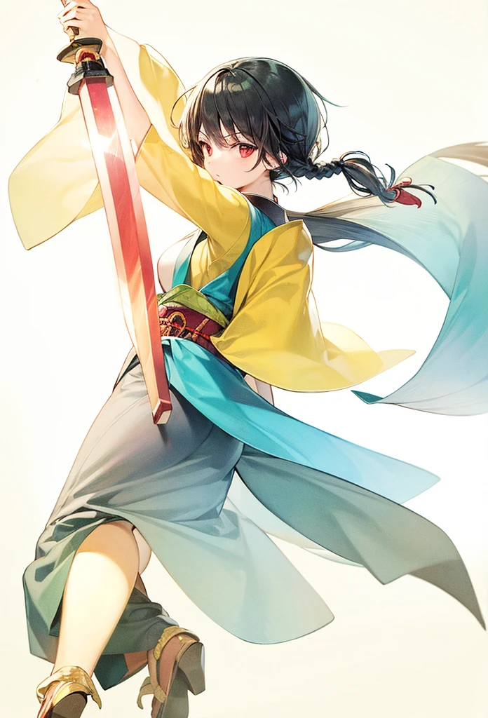 ((highest quality, masterpiece,Like Japan cartoons)), red eyes,black hair,The back of the head is braided,medium breasts,black clothes,broken kimono,samurai girl,With a sword