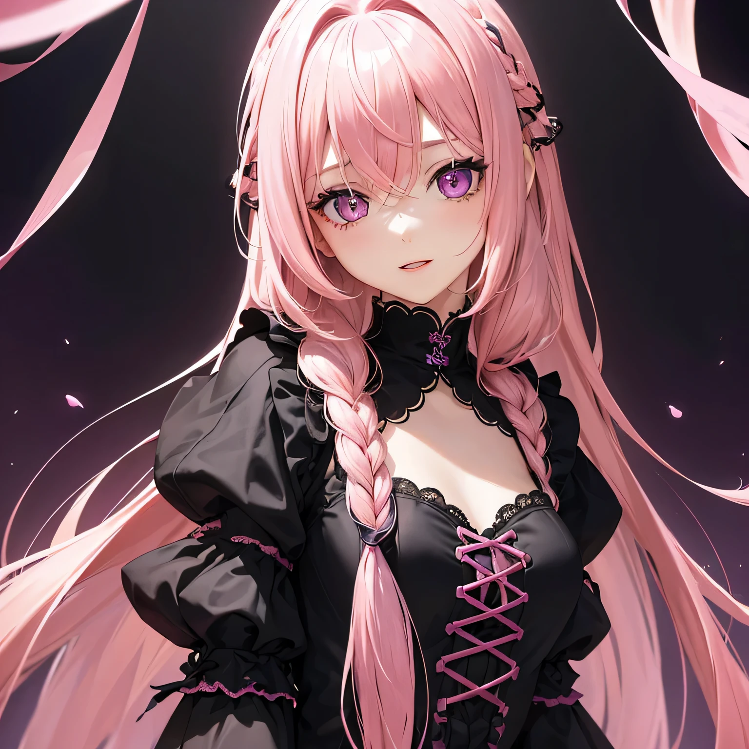 1 girl,Depp's Sense,confused,catch light,Super beautiful illustration,(pink hair,long hairstyles:1.3),turn around,eye shadow,(black clothes,Gothic ta),Upper body,;d,beautiful and delicate flowing hair,(delicate and detailed purple eyes),emphasized chest