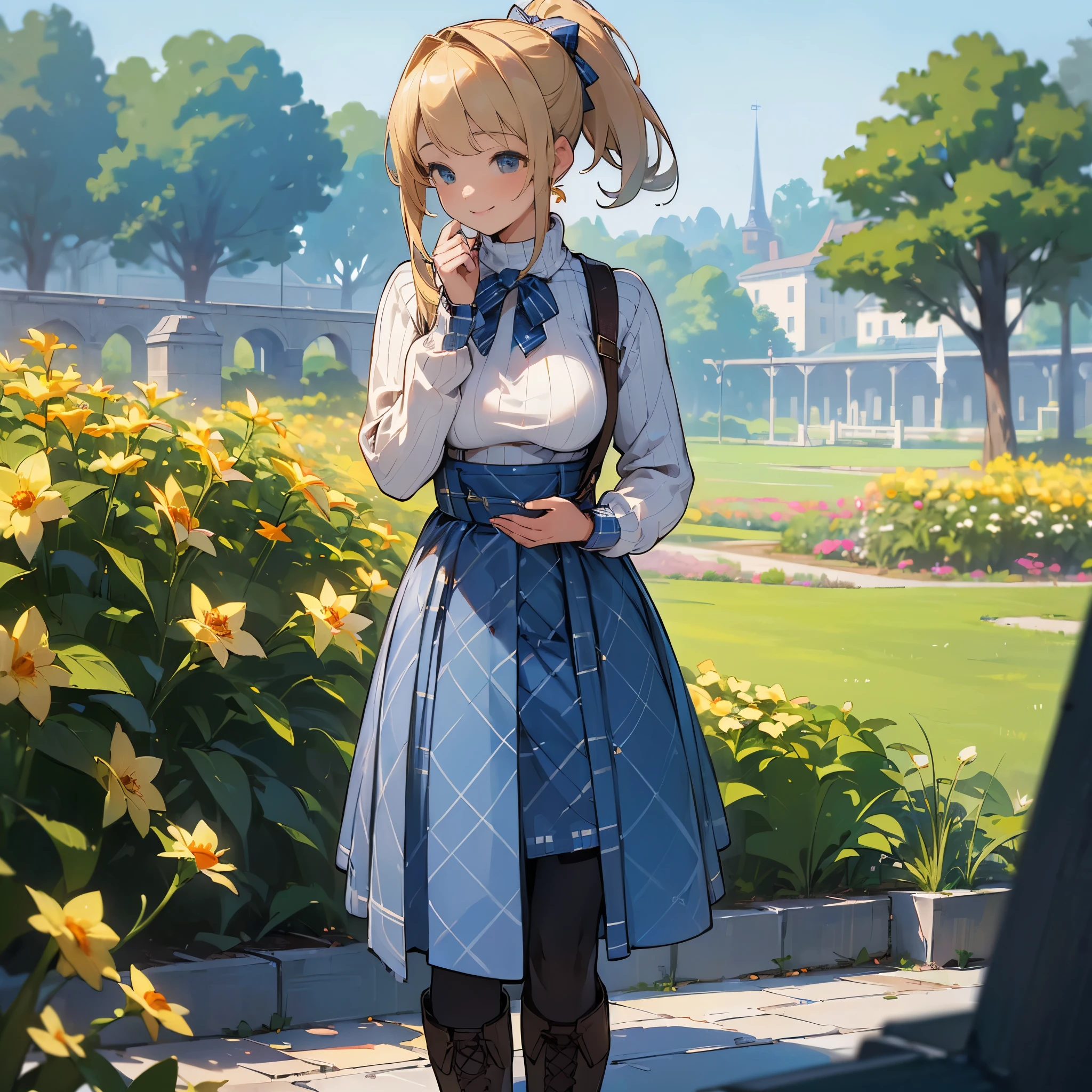 (high quality, high resolution, Super detailed, Reality:1.37), peaceful atmosphere, (outdoor, garden), Teenage girl standing alone, (My breasts are big.), Beautiful detailed features, cute smile, (Blonde ponytail), ribbed sweater, blue plaid skirt, Black tights, brown boots.