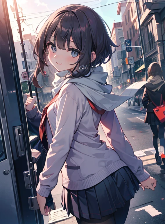 1 girl, alone, green eyes, looking at the viewer, smile, , heart   1 girl, T-back, Megumin,  school uniform,Black sailor suit,white scarf,Red cardigan,Black pleated skirt,Gray pantyhose,Schoolback,city,walking,Coming to school,(masterpiece:1.2), highest quality, High resolution, unity 8k wallpaper, (figure:0.8), (beautiful and fine eyes:1.6), highly detailed face, perfect lighting, Very detailed CG, (perfect hands, perfect anatomy),