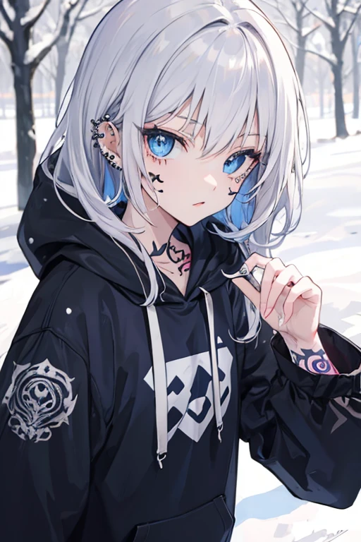 silver hair, blue eyes, anime girl with tattoos, perfect face, punk hoodie, facial piercings, outside in the snow