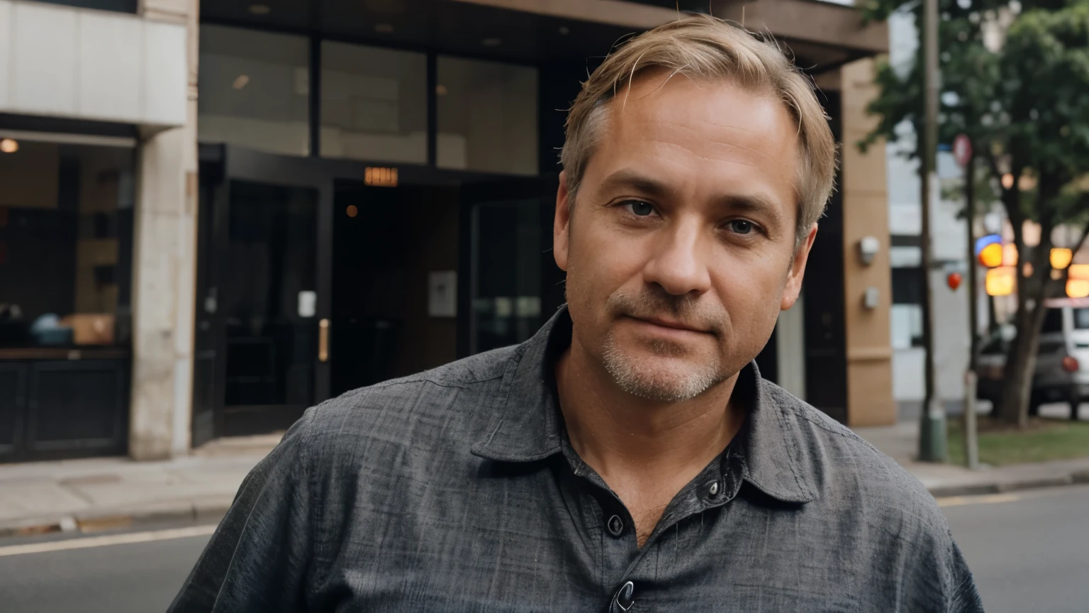 a middle-aged man, approximately 40 years old. He has short blond hair, and dresses in a casual style, he is in an external environment. How would you view its detailed image?
