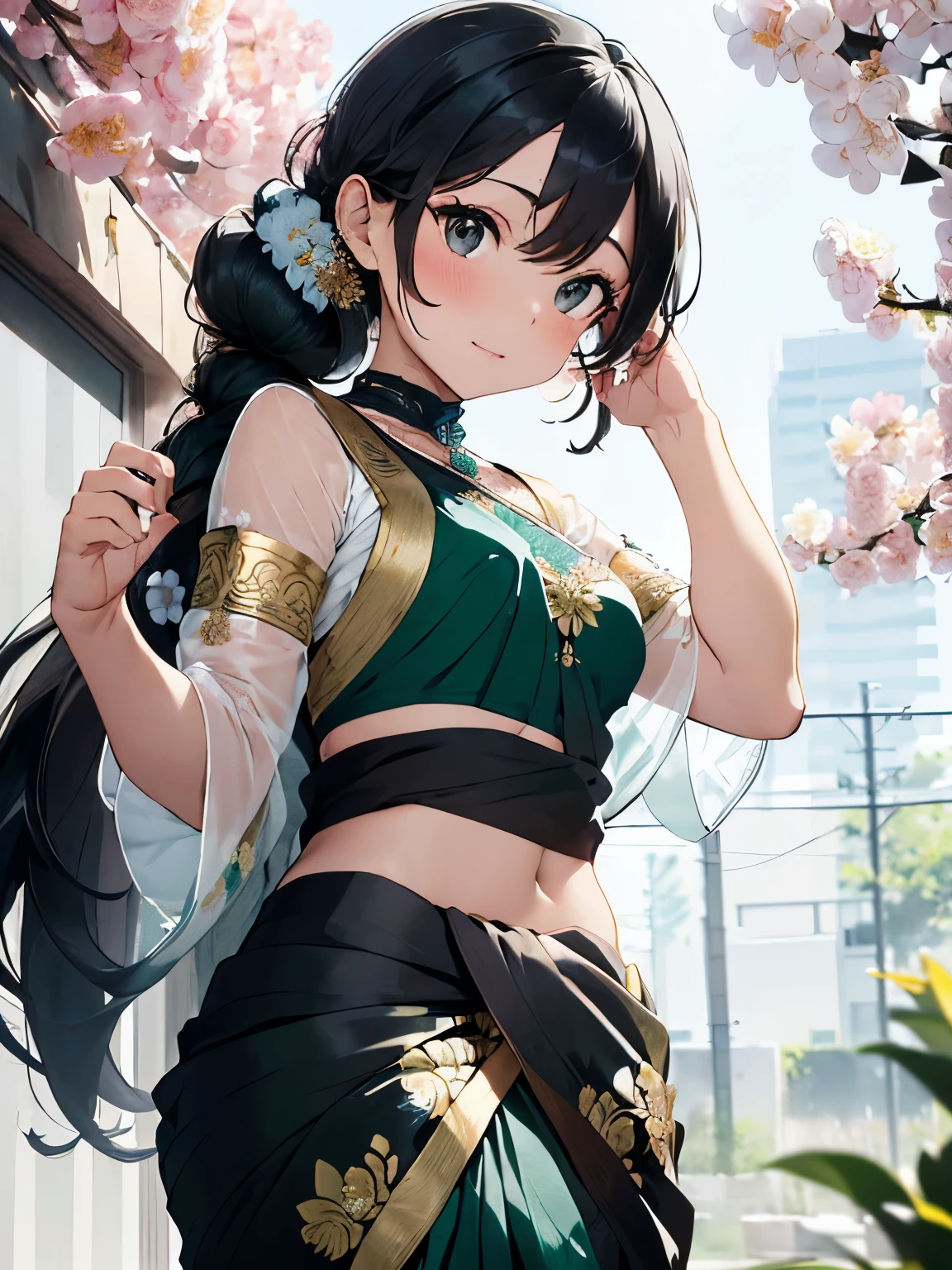 (black hair:1.2),(long hair with curls:1.3),(hair tied up loosely:1.25),(All together:1.3),(black eye:1.4),(Eye size:1.5),(Accessories with flower motifs:1.3),((Saree fashion:1.4)),(sheer sleeve:1.4),(Fluffy skirt:1.35),(Background full of blooming flowers:1.5),(blush),(upward glance:1.3),(small breasts:1.4),(close up of face:1.25),((Paw pose:1.3)),(look up:1.25),((perspective from below:1.3)),(fashion color White、Blue、green 、gold:1.3)