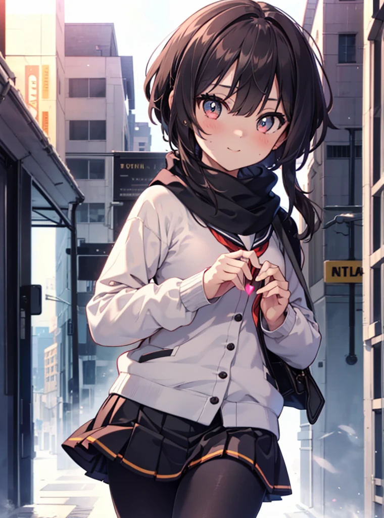 1 girl, alone, black hair,short hair,red eyes, looking at the viewer, blush,smile, , heart   1 girl, T-back, Megumin,  school uniform,Black sailor suit,white scarf,Red cardigan,Black pleated skirt,Gray pantyhose,Schoolback,city,walking,Coming to school,(masterpiece:1.2), highest quality, High resolution, unity 8k wallpaper, (figure:0.8), (beautiful and fine eyes:1.6), highly detailed face, perfect lighting, Very detailed CG, (perfect hands, perfect anatomy),