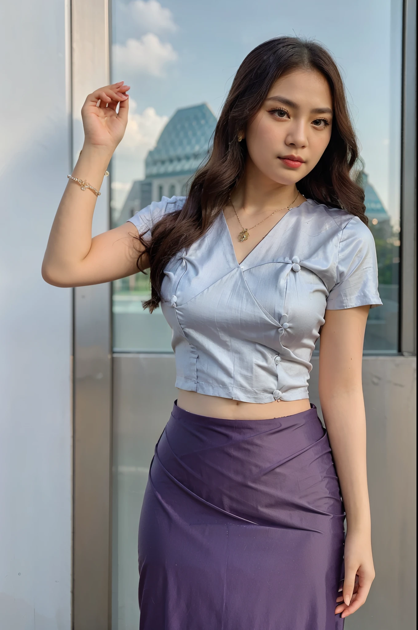 Half body portrait, 8k , plae skin asian ( korea+ Burmese)mixed girl , wearing red dress and diamond necklace and ,acmm ss outfit, wearing acmm top, light purple acmm top, short sleeves, buttons, wearing acmm long skirt, white and pink with printed acmm long skirt ; wearing Burmese thanakha(Burmese make-up)