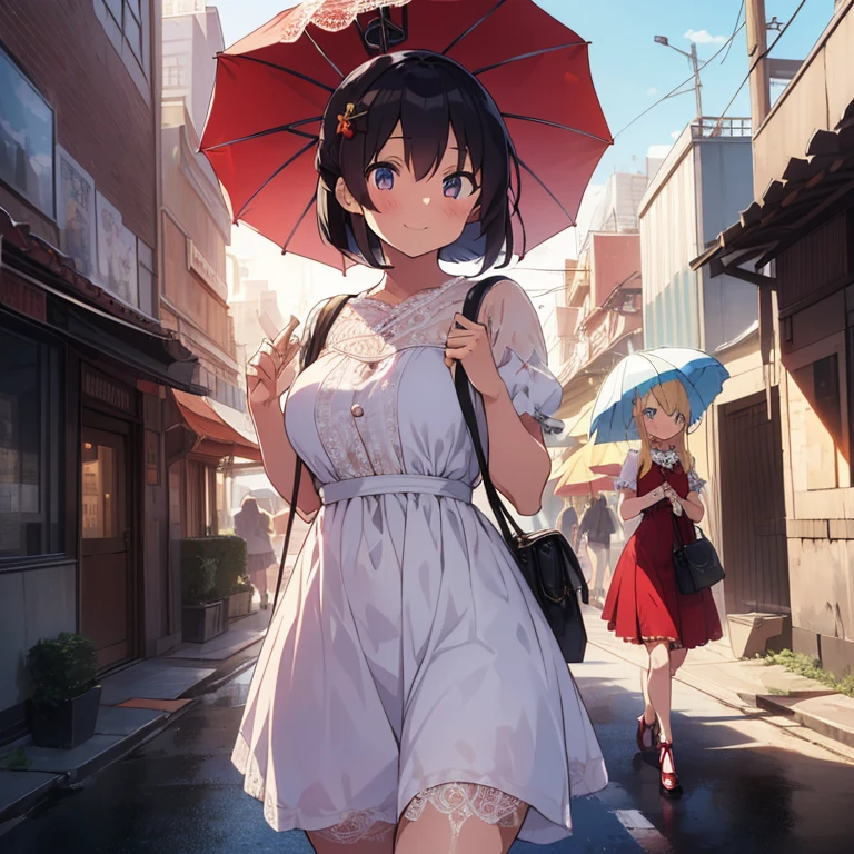 (masutepiece:1.2), (Best Quality:1.2), (high resolution:1.2), 
(2+girls:1.2), (Bodhisattva's smile:1.2), (simple standing:1.0), (Luxurious romantic style dress:1.5), (Sailor suit style:1.0), (Composition in the style of portraits:1.0), (Excessively luxurious lace:1.5),
(right girl has long fluffy blonde hair and a red dress:1.2), (left girl has very short bob black hair and a white dress:1.2), (left girl with luxury parasol :1.2), (Skyscraper city cruelly destroyed:1.2), 